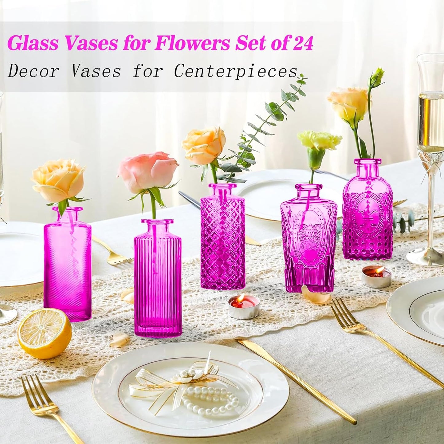 Glass Bud Vases Set of 24, Purple Vintage Small Vases for Flowers, Mini Glasses in Bulk, Small Flower Design for Centerpieces Wedding Decorations Home Flower Party Decor