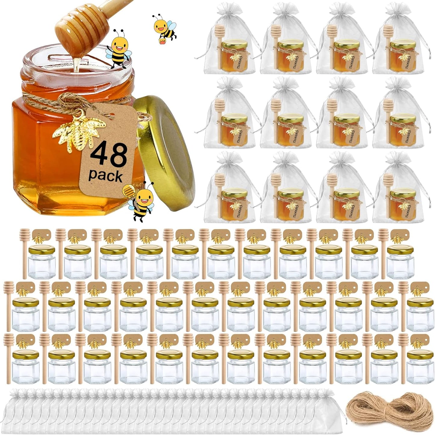 Aliggbent 48 Pack Mini Honey Jars Party Favors in Bulk, 1.5 oz Small Hexagon Glass Honey Jars with Dippers, Gold Lids, Bee Charms, Gift Bags and Jute - Great for Baby Showers, Weddings & Birthdays