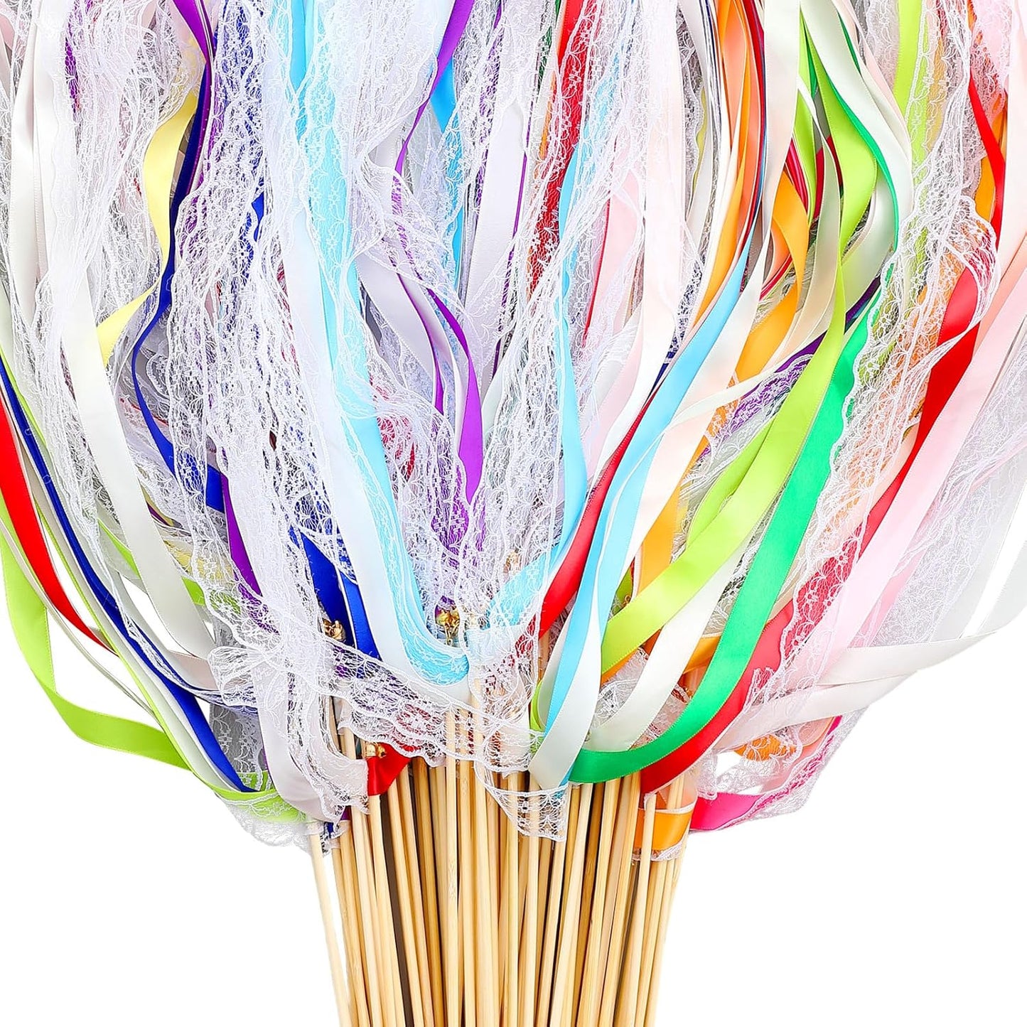 Taiyin 150 Pcs Lace Ribbon Stick Wands Wedding Wand Streamers with Bell Silk Ribbon Fairy Wand Wedding Send Off Streamer for Baby Shower Holiday Party Favors (Colorful)