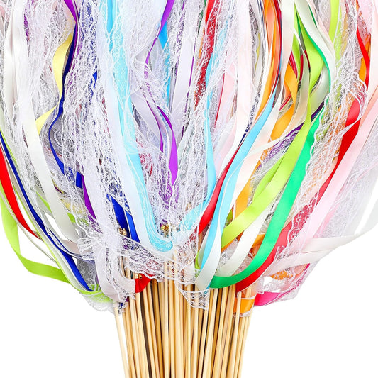 Taiyin 150 Pcs Lace Ribbon Stick Wands Wedding Wand Streamers with Bell Silk Ribbon Fairy Wand Wedding Send Off Streamer for Baby Shower Holiday Party Favors (Colorful)