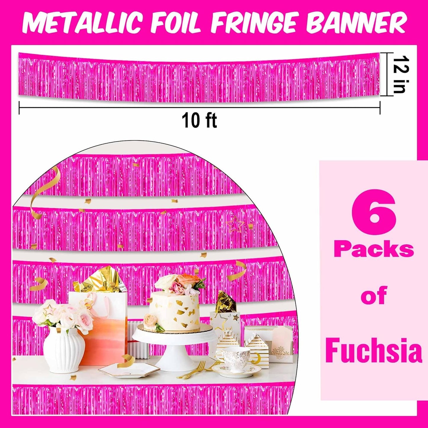6 Pack 10 Ft Fuchsia Foil Fringe Garland Metallic Streamers Tinsel Banner Wall Hanging Garland Backdrop for Parade Floats, Halloween, Christmas, Thanksgiving, New Year Party Decorations