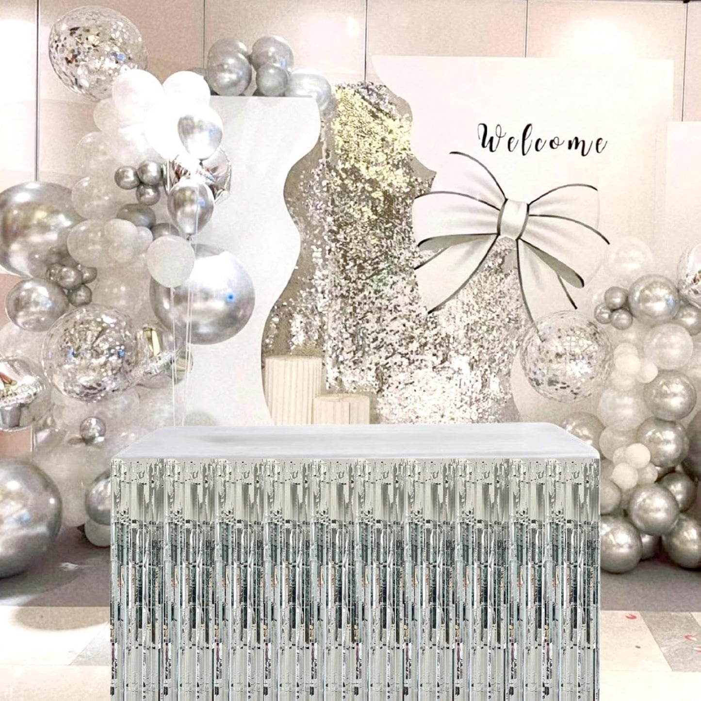 Silver Streamers Party Decorations, 2 Packs Silver Table Skirts Metallic Foil Fringe Tinsel for Birthday Disco Bachelorette Baby Shower Wedding Graduation Float Parade Party Supplies - 29x108 Inch