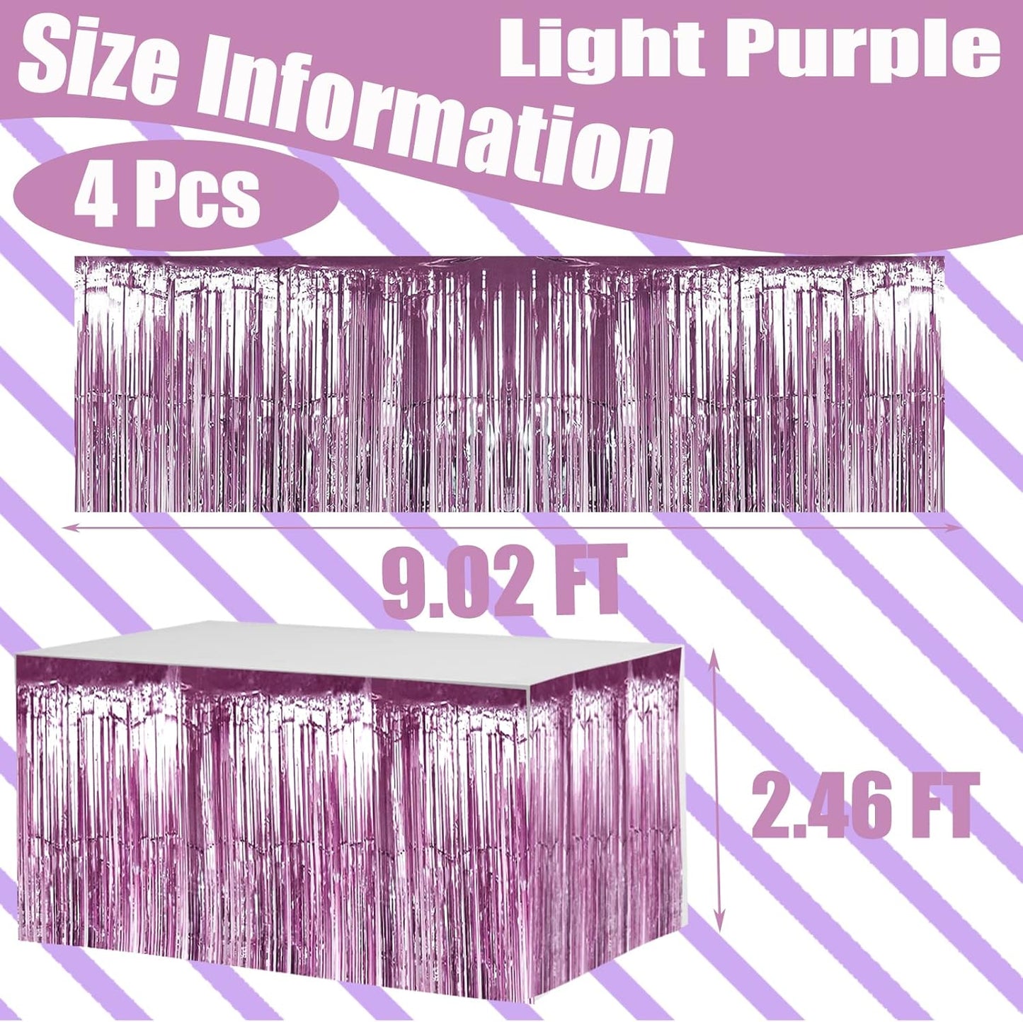 4 Pack 29x108 Inch Metallic Foil Fringe Tinsel Table Skirts for Rectangle Tables Streamer Backdrop for Wedding, Birthday, Parade Floats, Christmas, Halloween Party Decoration(New Light Purple)