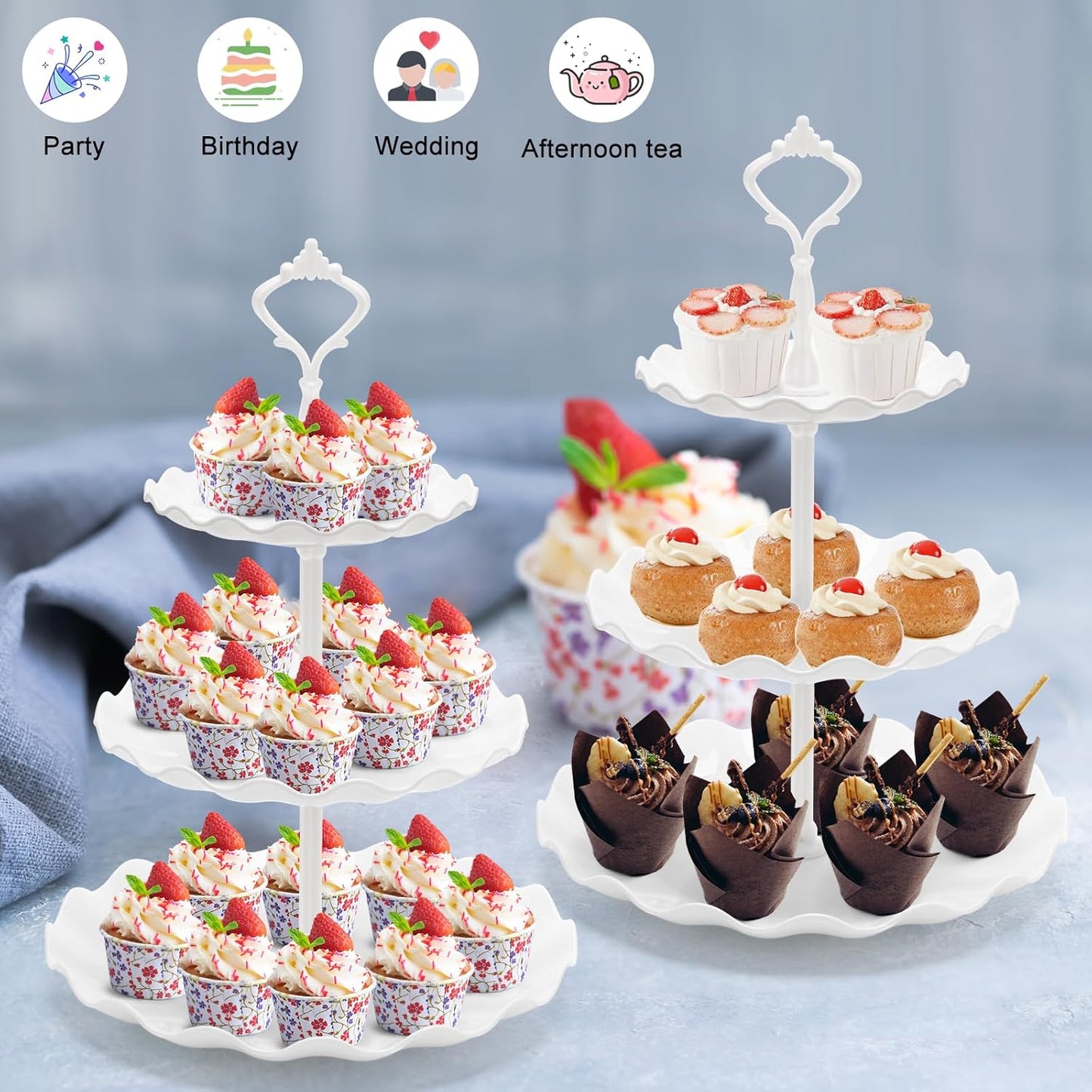 Coitak 3 Tier Cupcake Stand, Plastic Tiered Serving Stand, Dessert Tower Tray for Tea Party, Baby Shower and Wedding (Wavy-White Rod)