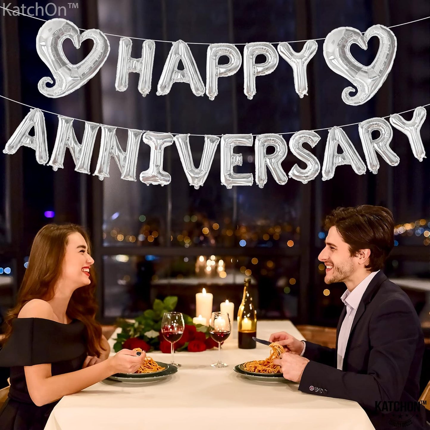 KatchOn, Silver Happy Anniversary Balloons Letters - Big, 18 Inch | Silver Happy Anniversary Balloon Banner | Heart Balloons