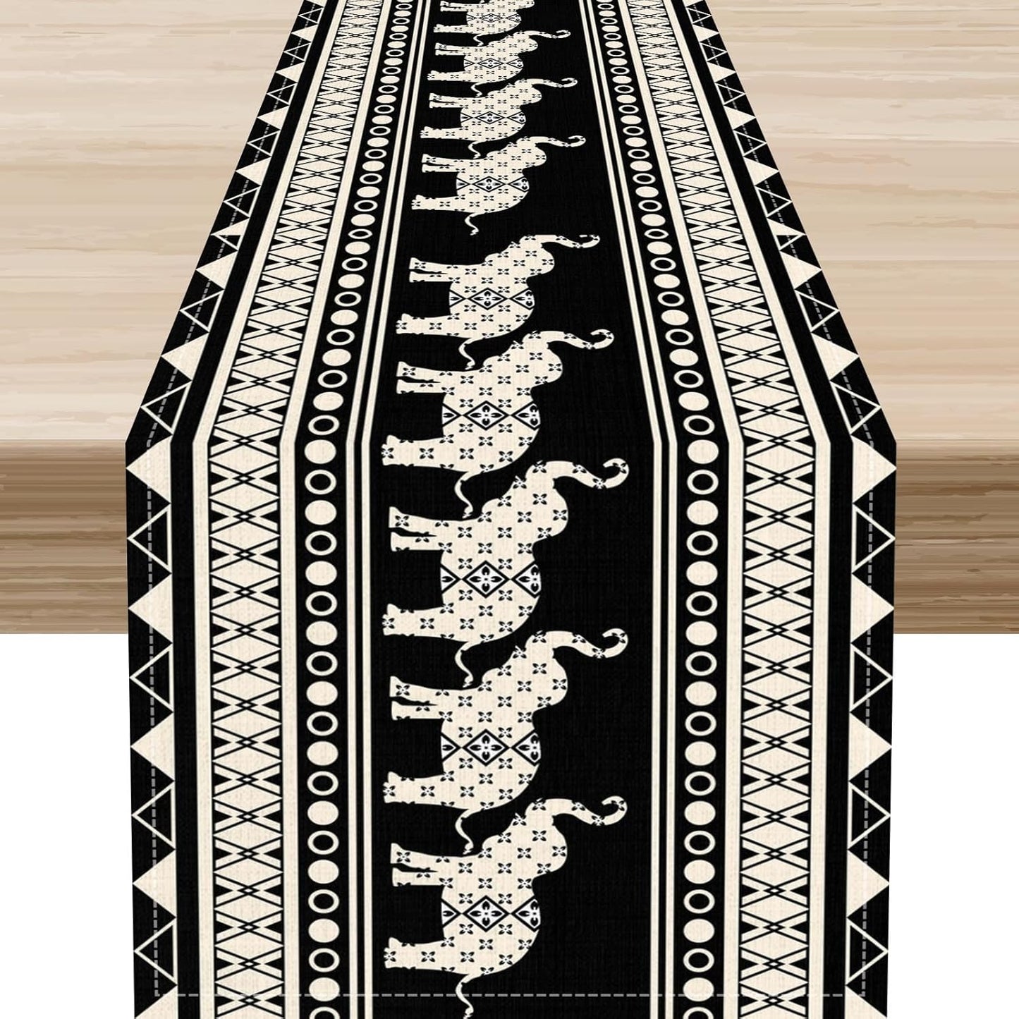 Ethnic Table Runner, Rustic Farmhouse Boho Geometric Elephant Aztec Tribal Print Black Table Center Decor for Home Kitchen Dining Patio Holiday Party Indoor Outdoor Table Decorations, 13"x36" Inch