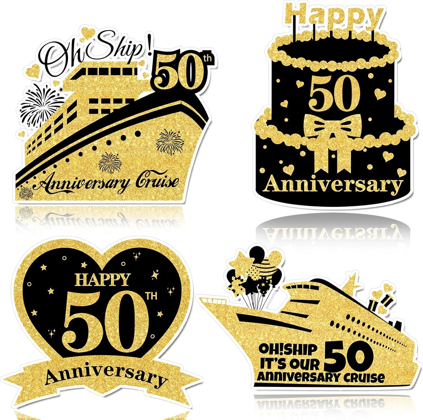 4 PCS Large 50th Anniversary Cruise Door Magnets Decorations Happy 50th Anniversary Cruise Ship Door Decor Magnetic Wedding Magnets Garage Refrigerator Car Magnets for Cabin Stateroom (Black Gold)