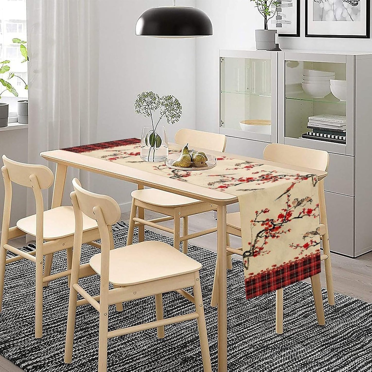 Bird Table Runner,Red Black Buffalo Plaid Blossom Seasonal Table Runner for Kitchen Dining Table Decoration Home Party Decor 13x36 Inch