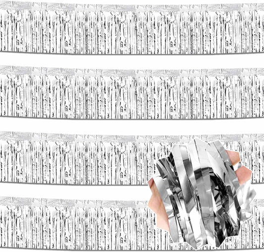 4 Pack 10 Ft Silver Foil Fringe Garland Metallic Streamers Tinsel Banner Wall Hanging Garland Backdrop for Parade Floats, Halloween, Christmas, Thanksgiving, New Year Party Decorations