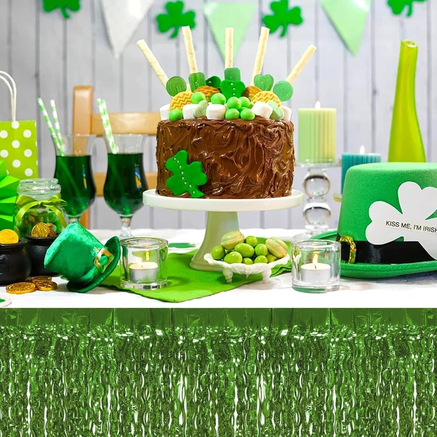 4P Wavy Metallic Tinsel Foil Fringe Table Skirts for Rectangle Tables Backdrop Garland Curtains for Parade Floats Wedding Birthday Parties Decoration Graduation 2025 Christmas (Light Green)