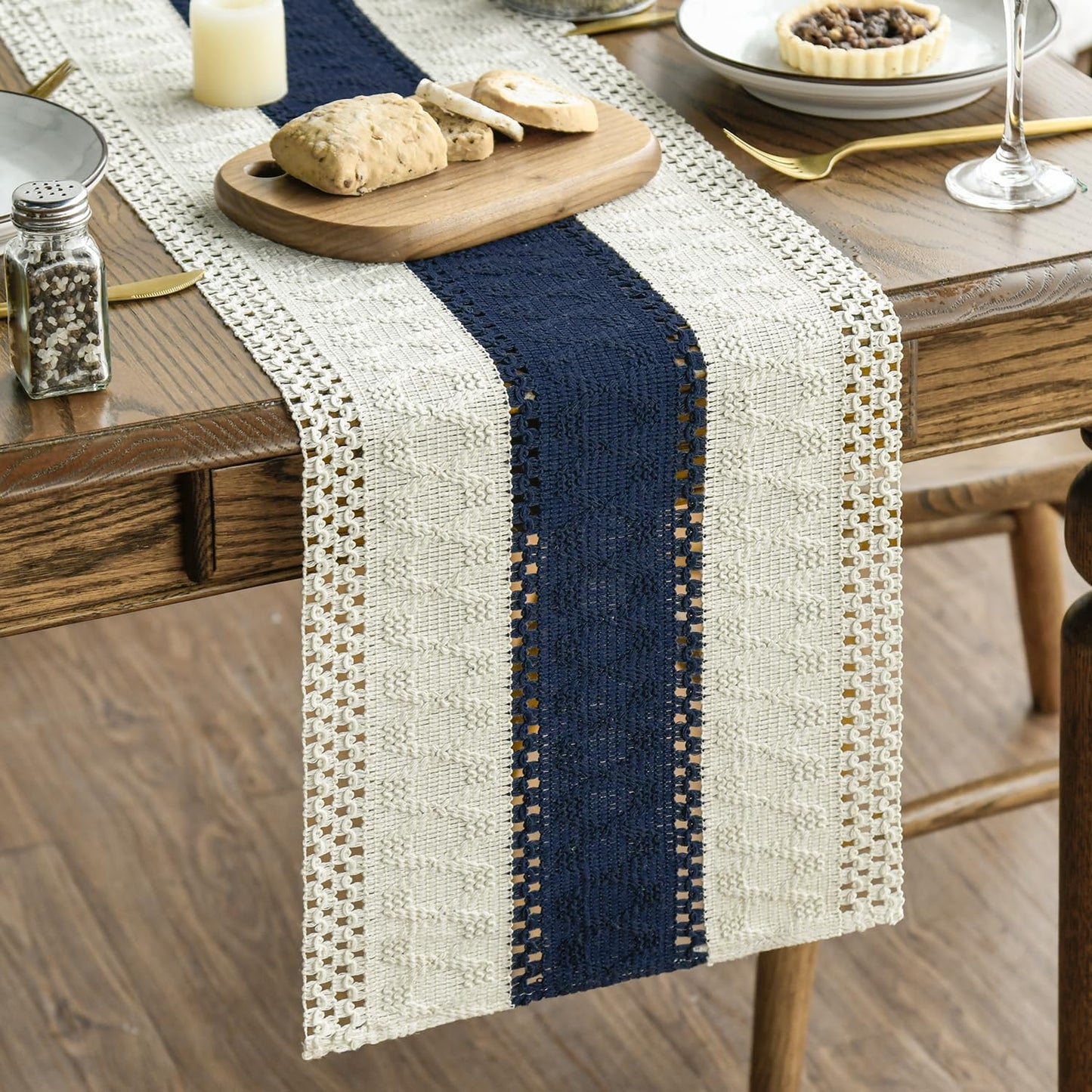 Artoid Mode Dark Blue Farmhouse Rustic Table Runner, Seasonal Holiday Hollow Kitchen Dining Table Decoration for Home Party Decor 12x120 Inch