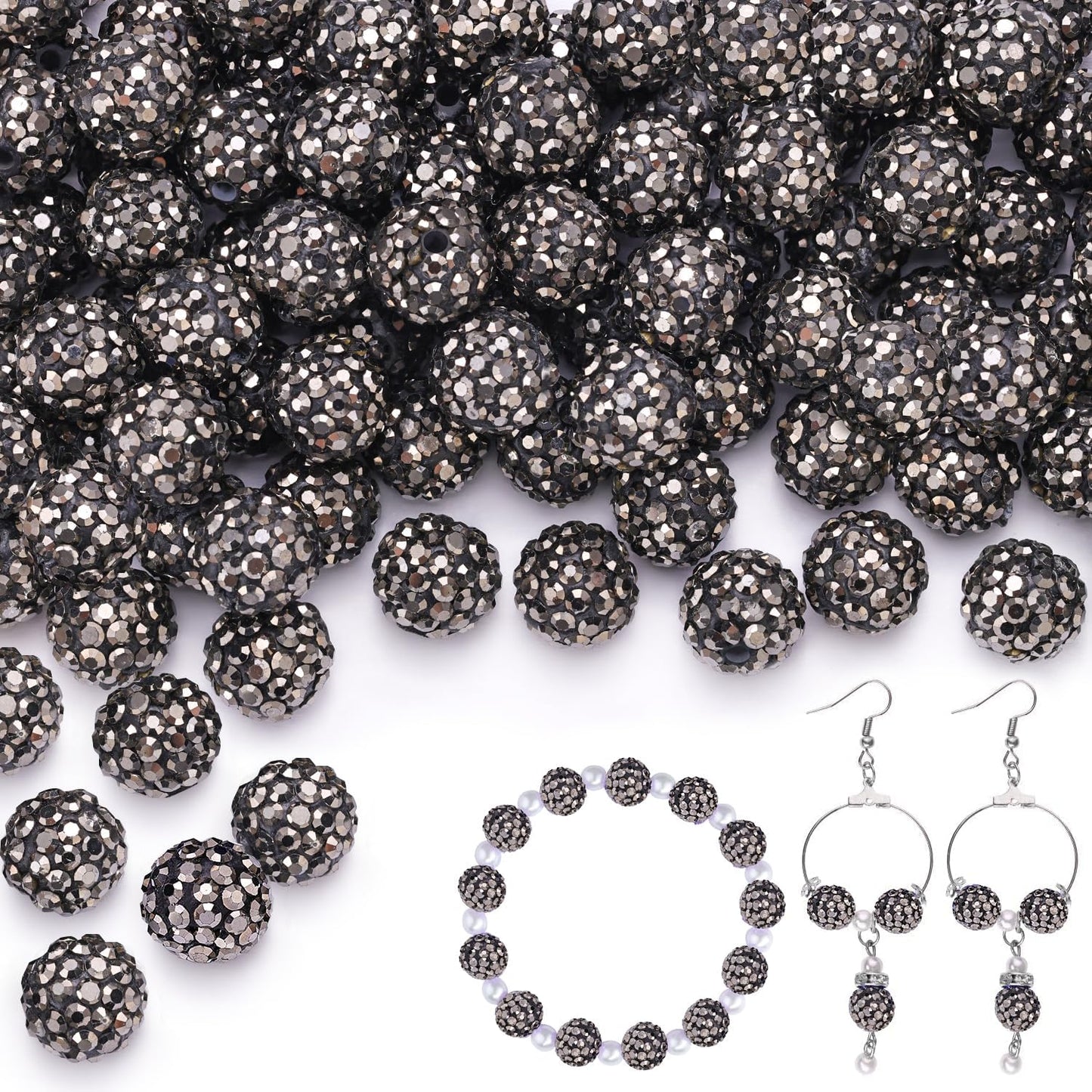 200pcs 10mm Hematite Rhinestone Beads for Jewelry Making, Shiny Round Shamballa Disco Ball Beads Bulk, Sparkle Crystal Clay Christmas for Bracelet Baseball Necklace Earring Crafting and DIY