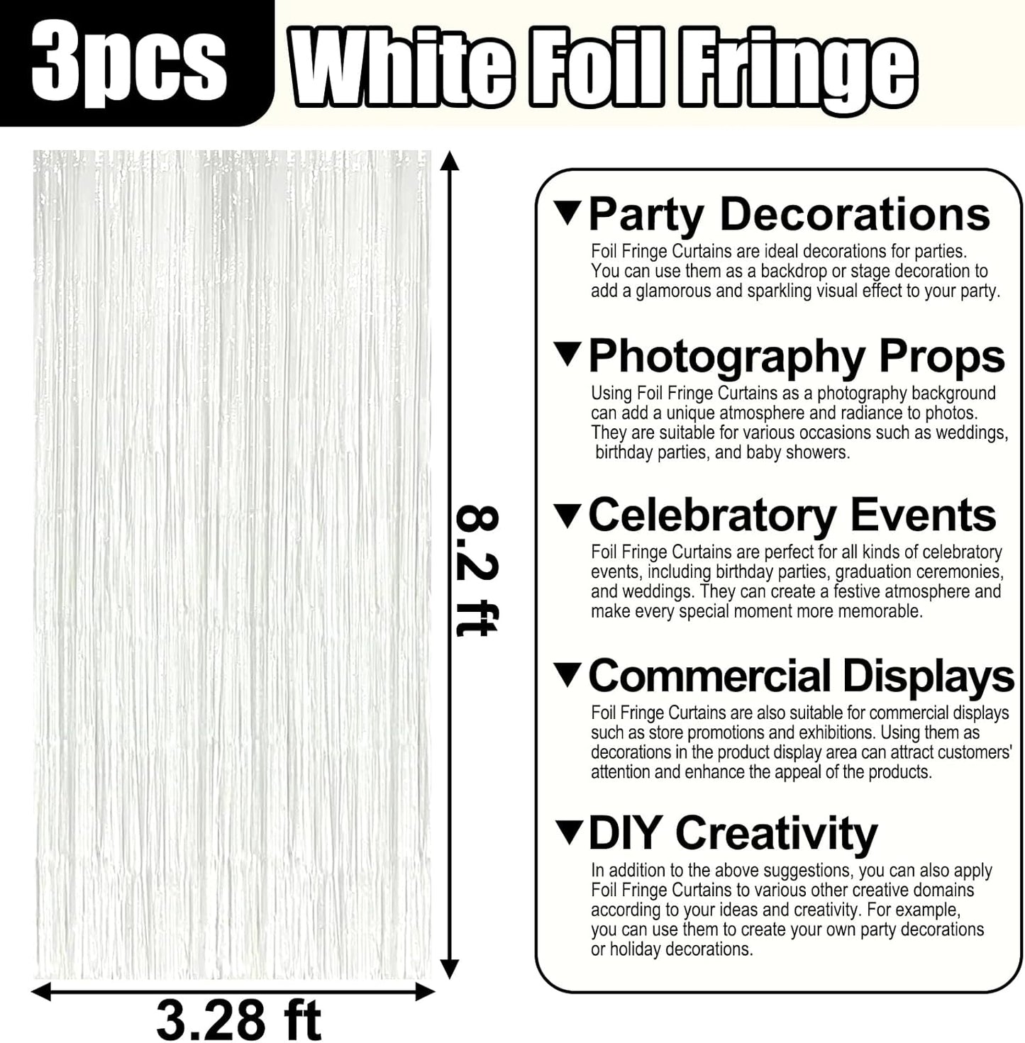 3 Pack White Foil Fringe Curtain Backdrop, 3.28Ft x 8.2Ft Metallic Tinsel Foil Fringe Streamer Curtains for Photo Booth, Mother's Day, Easter, Birthday, Wedding Party Decorations