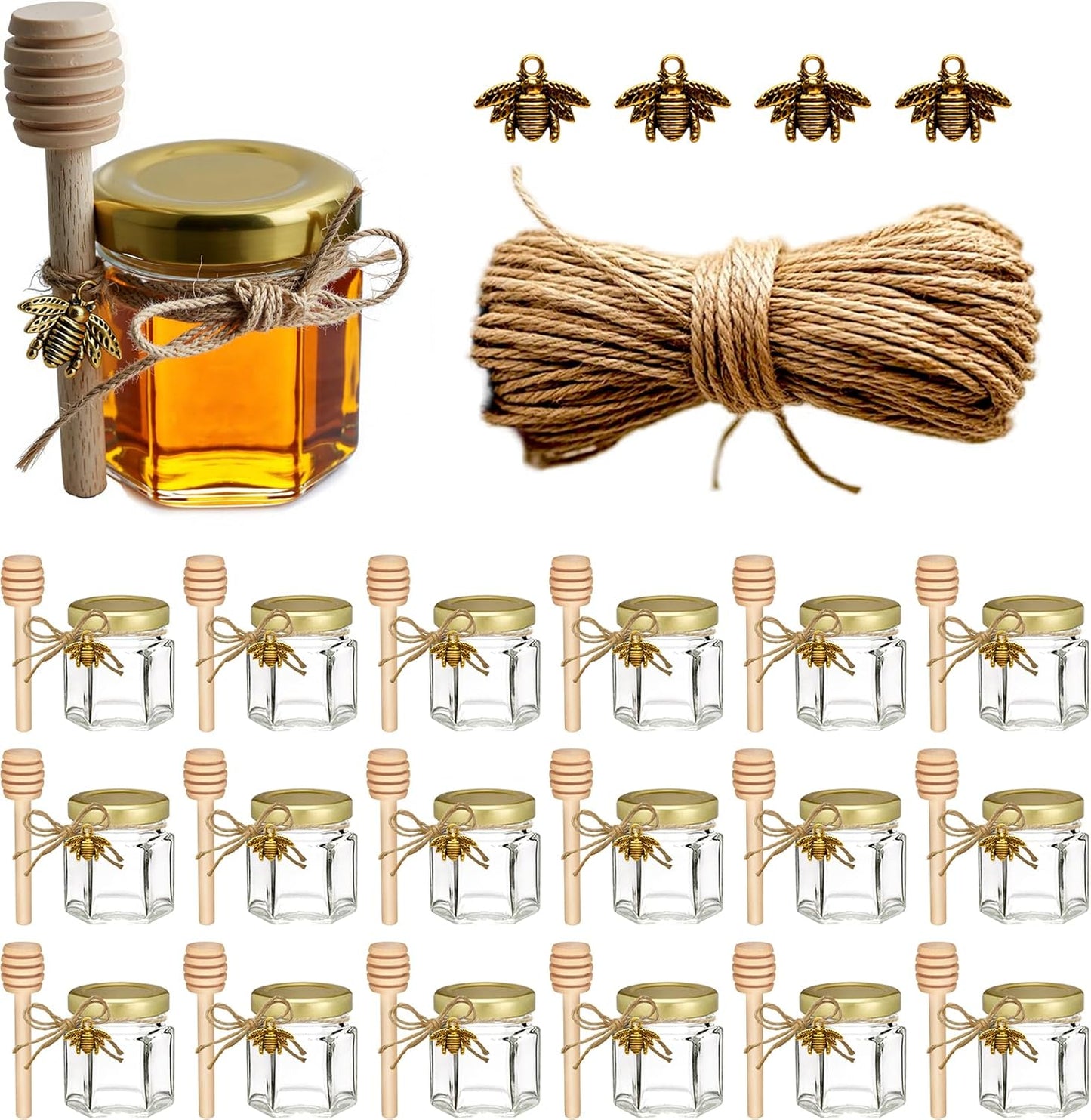 Mini Honey Jars - Hexagon Little Glass Honey Jar with Gold Lids, Wooden Dippers, Bee Charms and Jutes - Small Honey Jars for Baby Showers, 20Pack