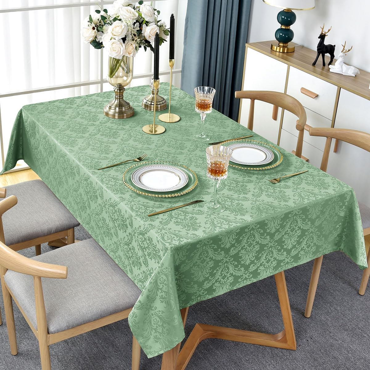 Flower Jacquard Rectangle Tablecloth 52 x 70 Inch Waterproof Wrinkle Free Washable Damask Table Cloth, Heavy Fabric Table Cover for Dining, Party, Indoor, Outdoor, Sage Green