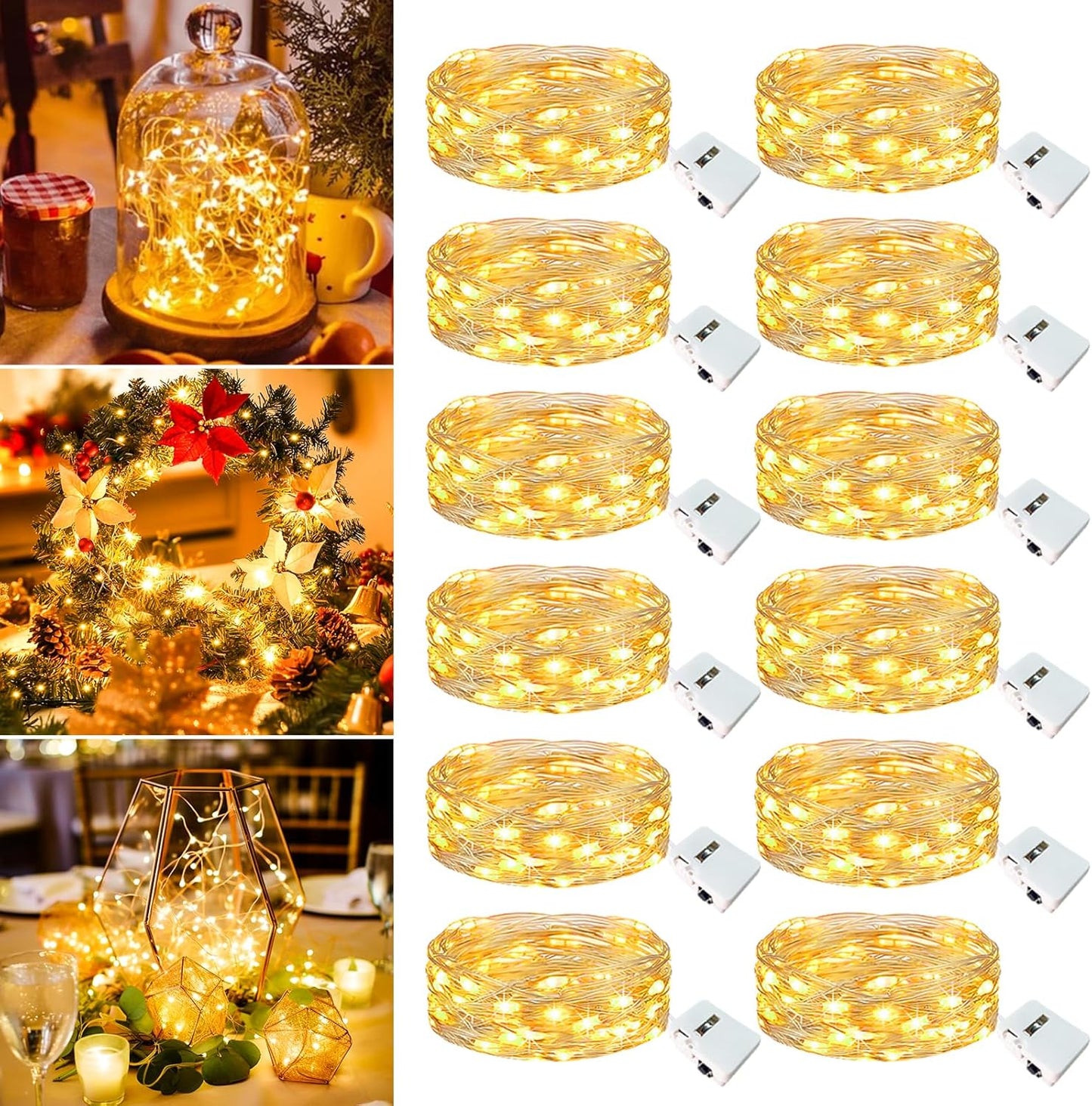 12 Pack Fairy Lights Battery Operated - 7ft 20 Led Twinkle Lights 3 Modes, Bulk Mini String Lights Waterproof for Mason Jars Vases DIY Party Wedding Decoration Christmas -Warm White