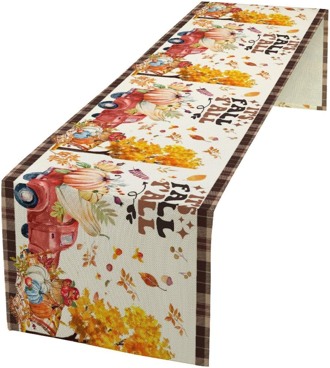 Fall Pumpkin Table Runner,Rustic Maple Yellow Leaf Trees Truncks Brown Plaid Tablecloth Burlap for Hotel Indoors Outdoor Dining Room Kitchen Home Decor,W13X L70 in