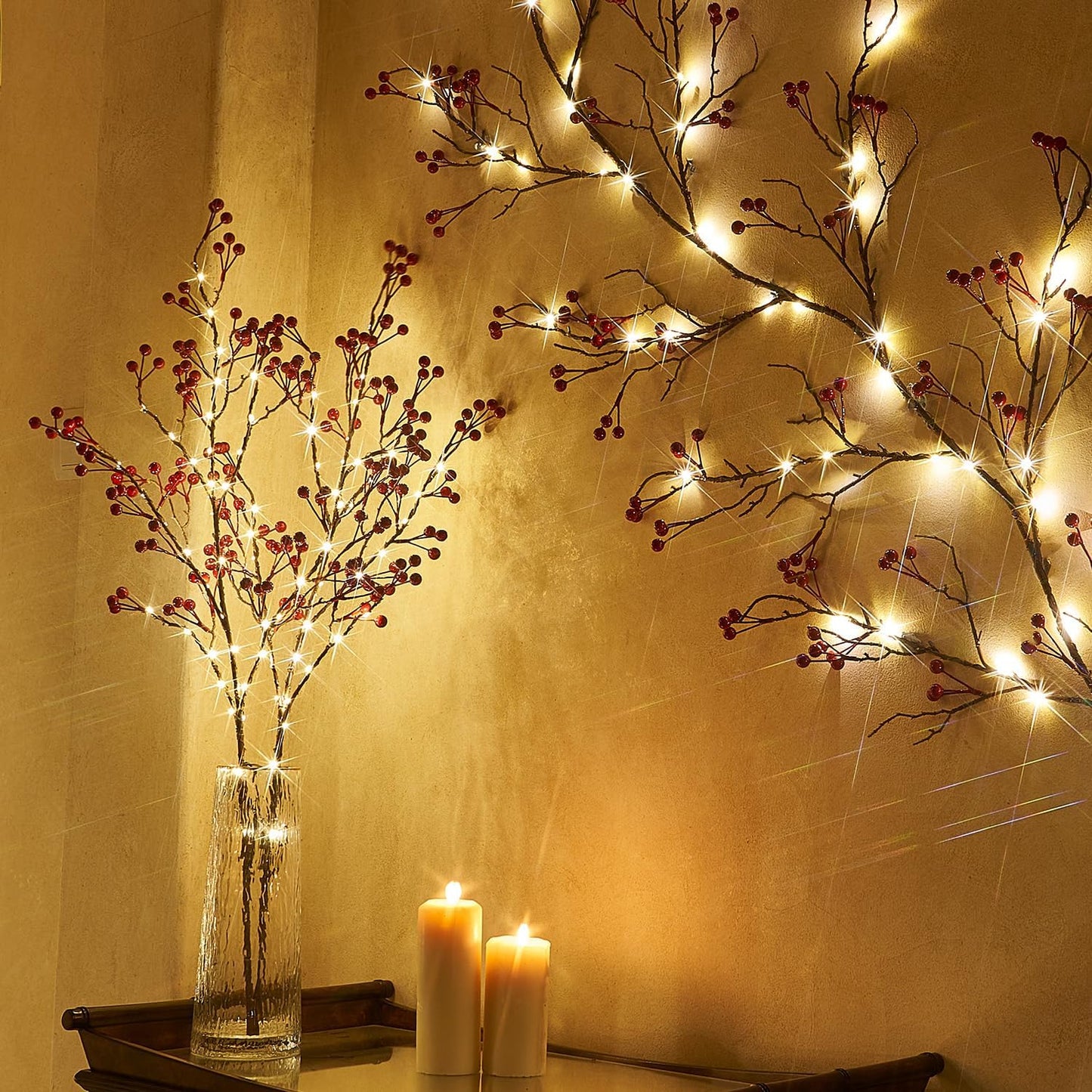 Fudios Lighted Red Berry Branches 80 LED Fairy Lights with Timer USB Plug in or Battery Operated, Artificial Twig Branches with Lights 32IN Christmas Home Fireplace Mantle Decoration