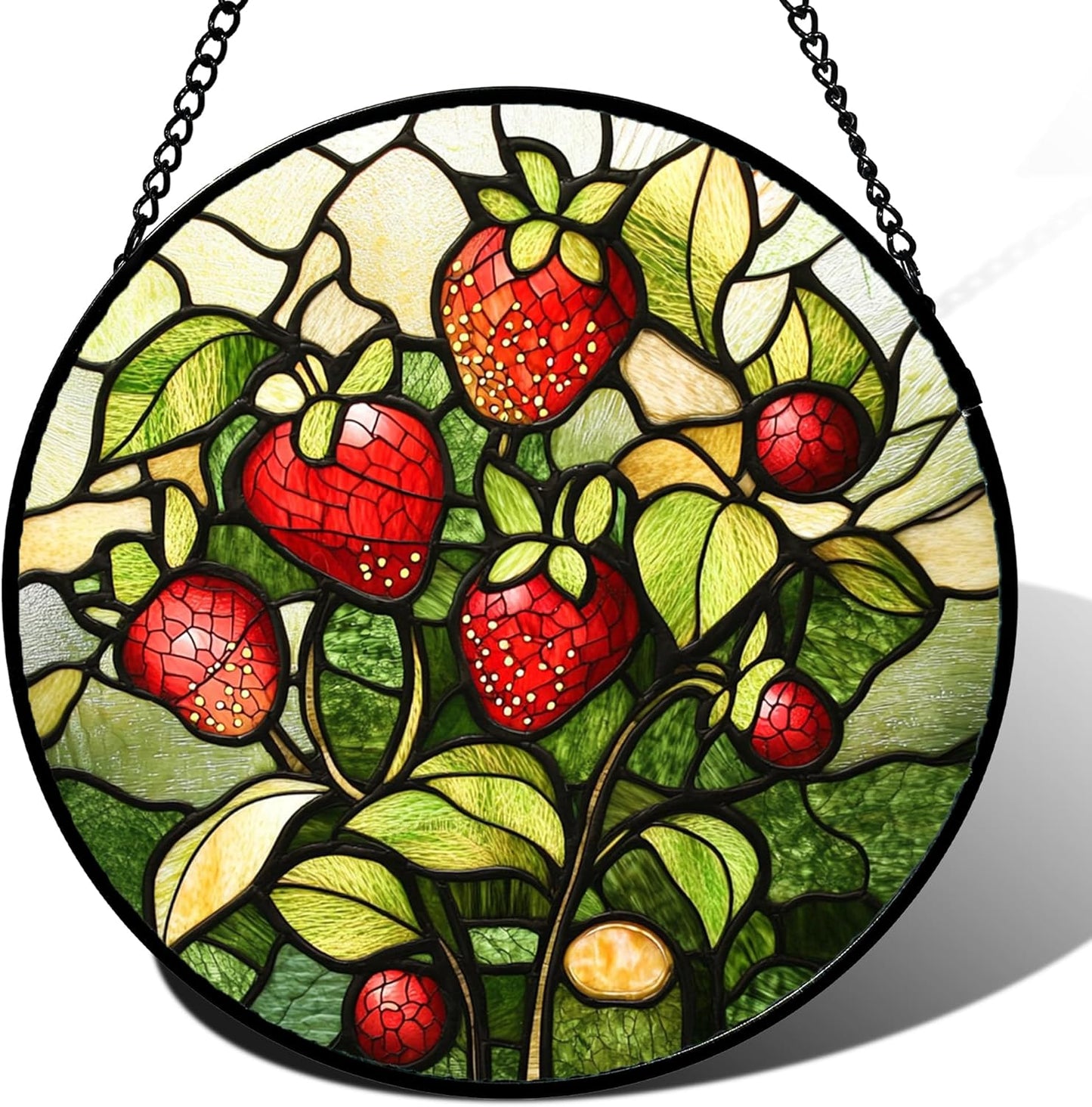 Stained Glass Window Hanging - Red Strawberry Suncatcher for Doors Window Home Green Plant Sun Catchers Decor Christmas Mother's Day Birthday Gifts for Teacher Women Men Mom Nana 15 in