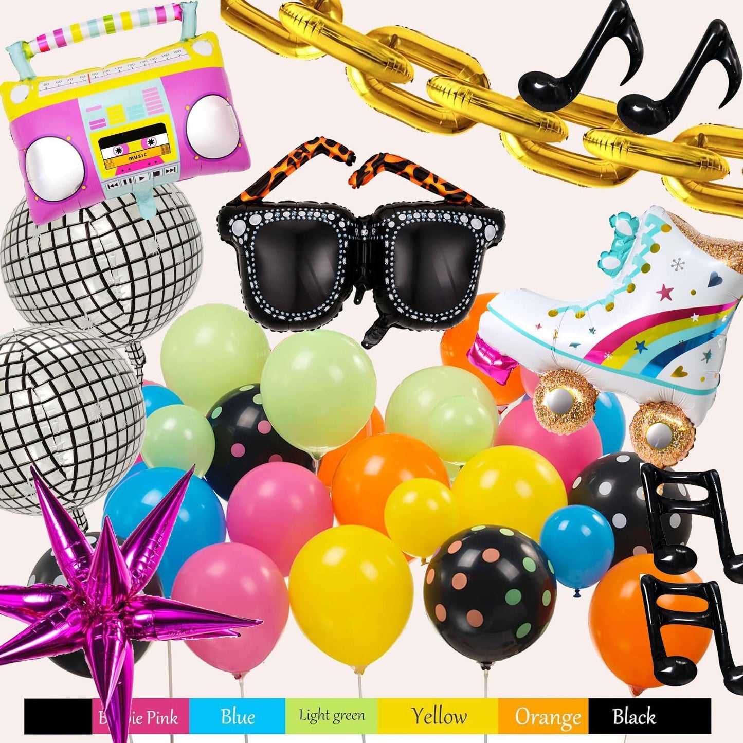 90s 80s Disco Theme Party Decorations, 171Pcs Balloon Arch Kit with Retro Disco Ball Radio Glasses Roller Skate Musical Note Chain Star Foil Balloons for Back to 90s 80s Hip Hop Birthday Supplies