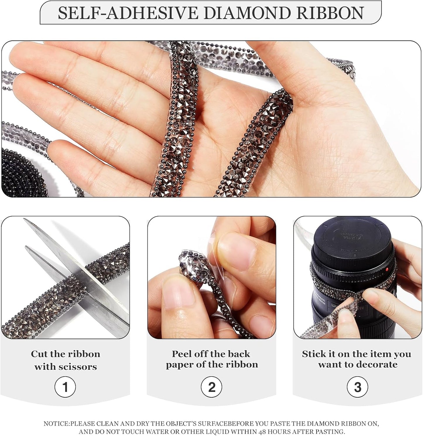 Rhinestone Ribbon 6 Yards Self Adhesive Rhinestone Strips Diamond Ribbon Sticker Crystal Roll Glitter Bling Rhinestones Tape for Crafting DIY Art Decoration (Jet Hematite,0.4 Inch)