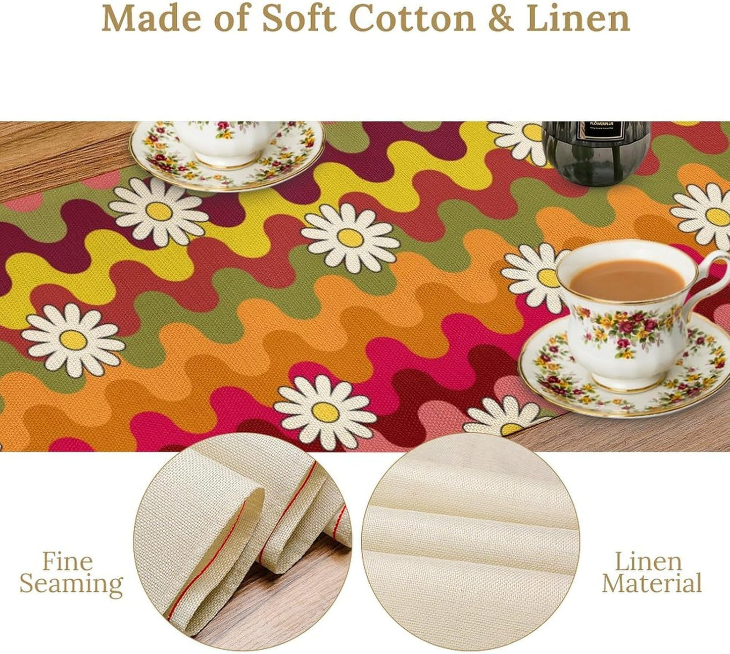 Vintage Floral Table Runner,60s 70s Colorful Retro Abstract Hippie Print Table Runner for Kitchen Dining Table Home Party Decoration 13x108 Inch