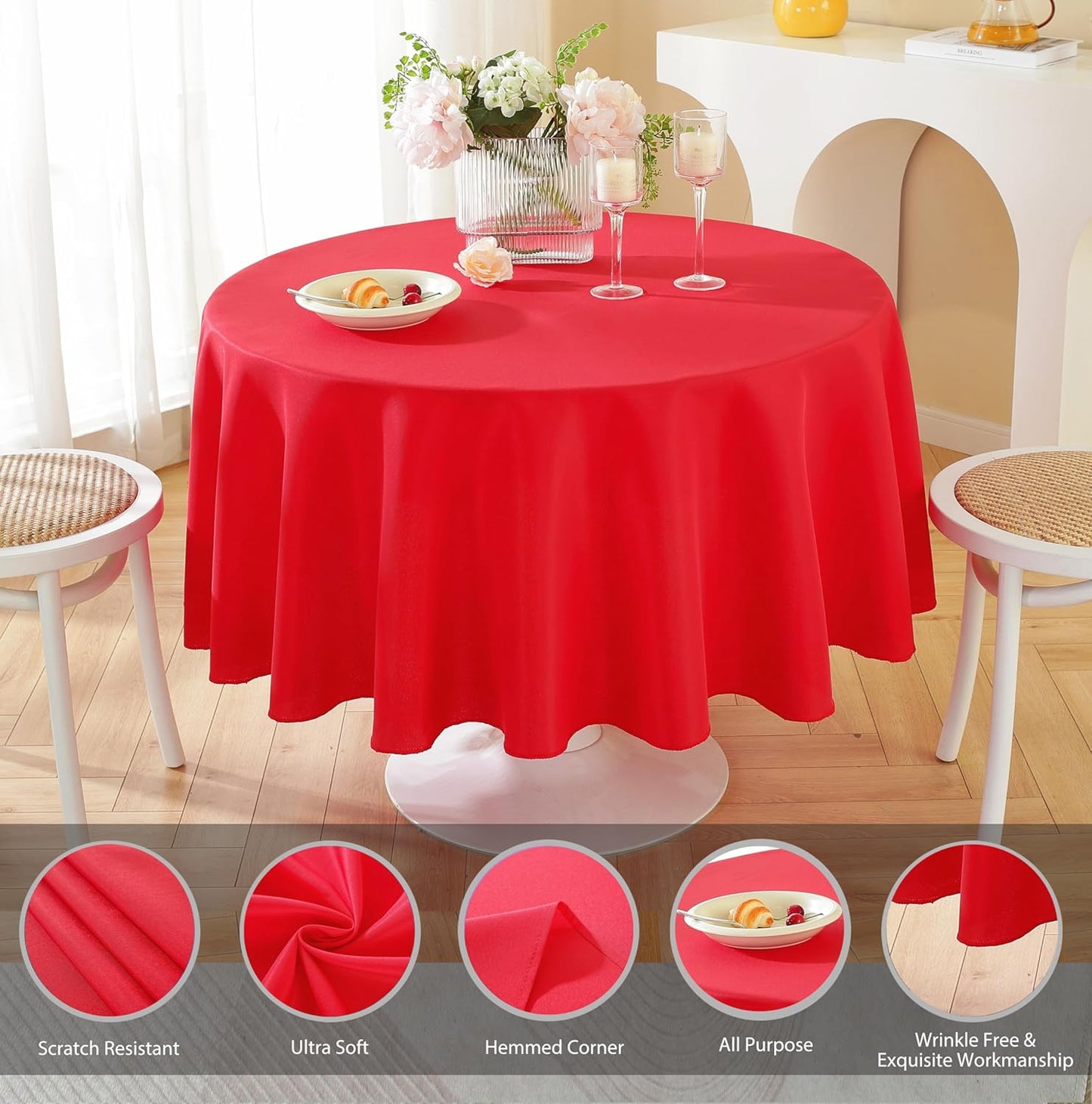 Craft And Party Round Tablecloth, 108 Inch Red Tablecloth, Polyester Fabric Washable Table Cloth for Home, Party, Wedding or Restaurant Use.