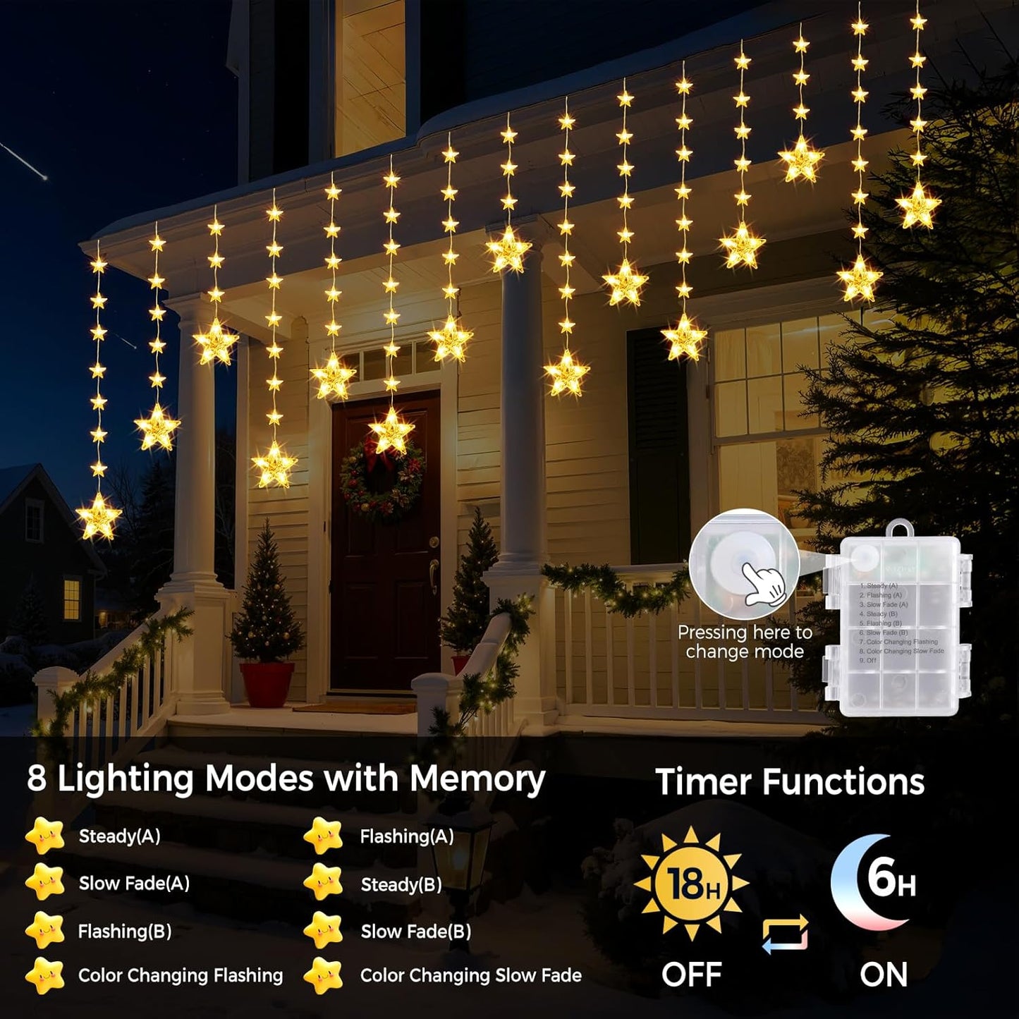 32 Stars Christmas Window Lights, IP65 Waterproof 52 LEDs Twinkle Star Fairy String Lights with 8 Modes Timer, Warm White & Multicolor, Battery Operated Hanging Xmas Star Decoration for Indoor Outdoor
