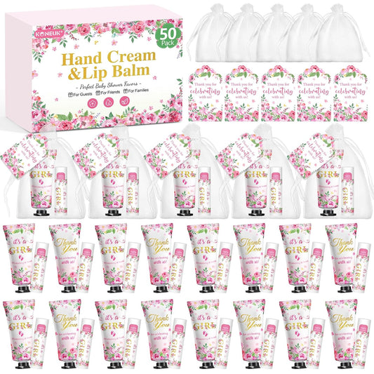 50 Pack Bulk Hand Cream and Lip Balm Gifts Sets, Baby Shower Favors and Bridal Shower Favors for Guests with Thank You Card and Organza Gift Bags, Appreciation Gifts, Wedding Party Favors (Baby Girls)