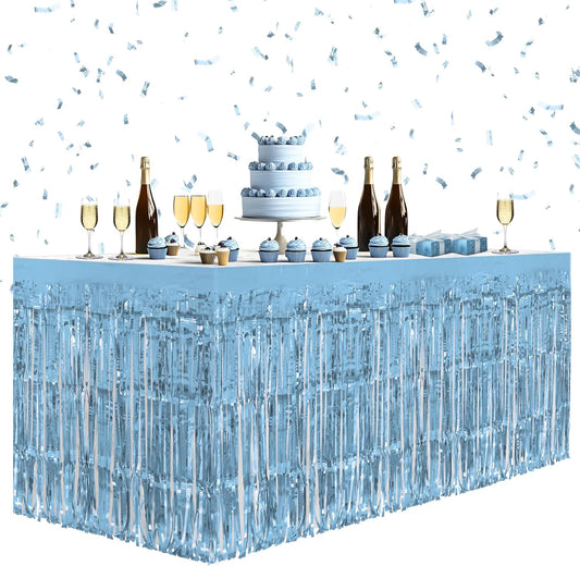 4 Pack Light Blue Table Skirts, 29x108" Metallic Foil Tinsel Fringe Table Skirts for Rectangle Tables Streamer Curtains Backdrop, Party Decorations for Birthdays Weddings Holidays