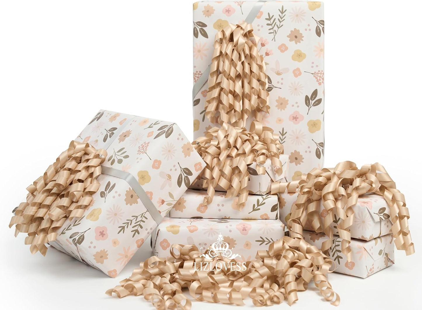 6 Inch Champagne Curly Bows for Gift Wrapping Set of 6, Self Adhesive Bows Champagne Gold Gift Bows for Presents, Satin Ribbon Bows for Birthday, Wedding, Christmas, Bridal Shower