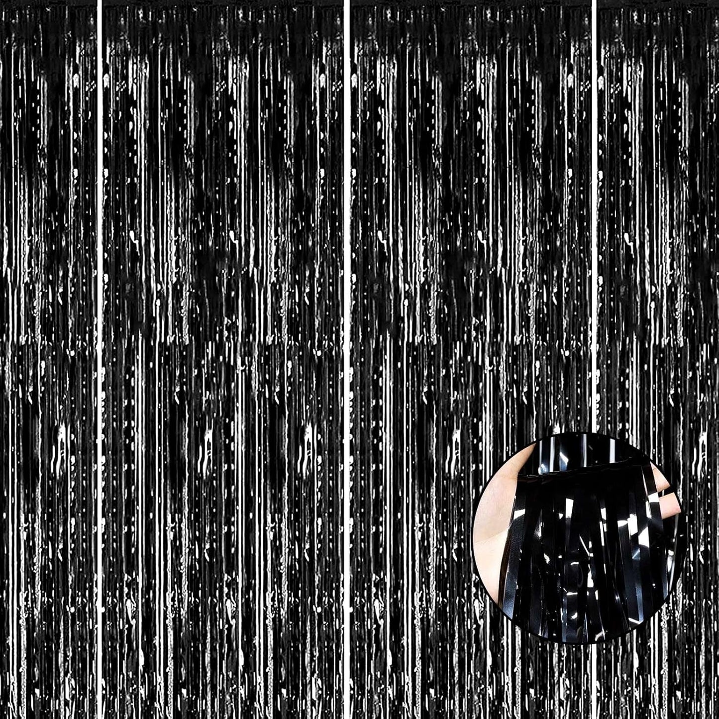 4 Pack Black Foil Fringe Curtain Backdrop, 3.28Ft x 8.2Ft Metallic Tinsel Streamer Curtains for Party, Photo Booth Props, Birthday, 2022 Graduation Decoration Party Supplies