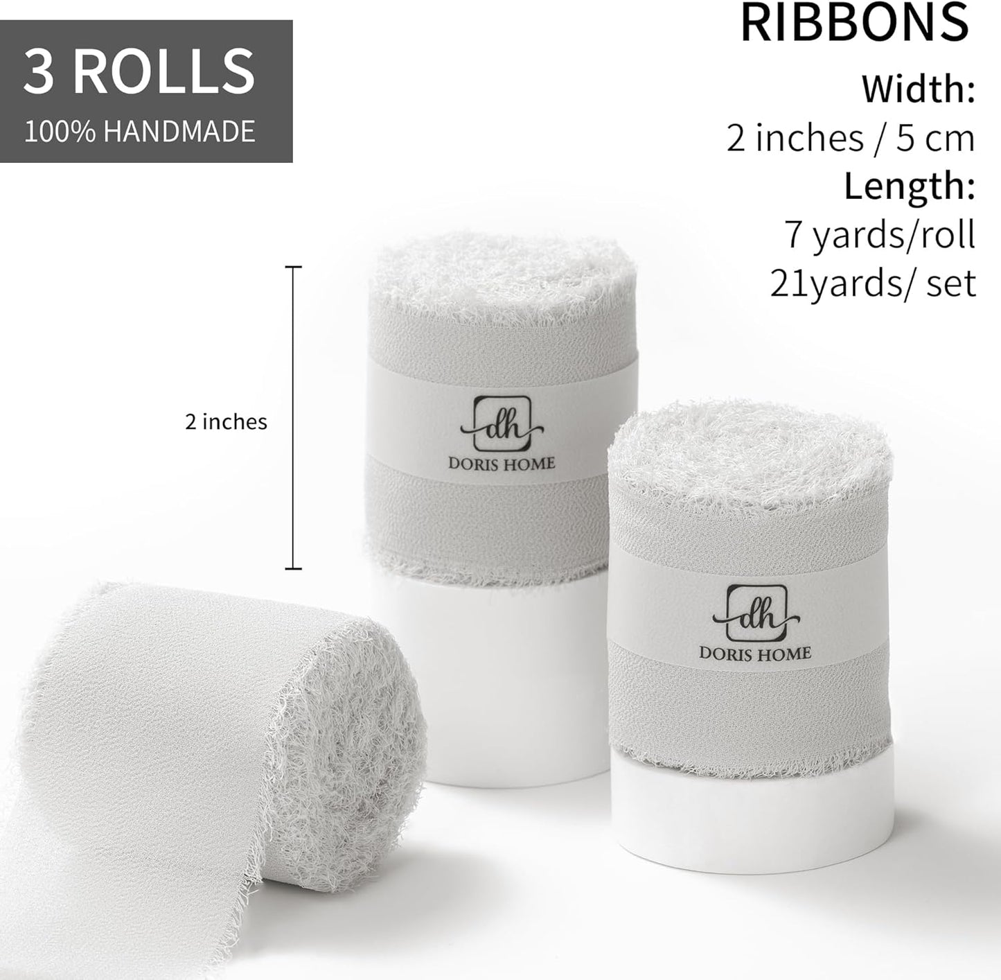 DORIS HOME Light Grey Chiffon Ribbon for Flower Bouquet, 2" x21Yd Fabric Ribbon for Gift Wrapping, Handmade Frayed Ribbon for Wedding, Chiffon Silk Ribbon for Christmas Decorations