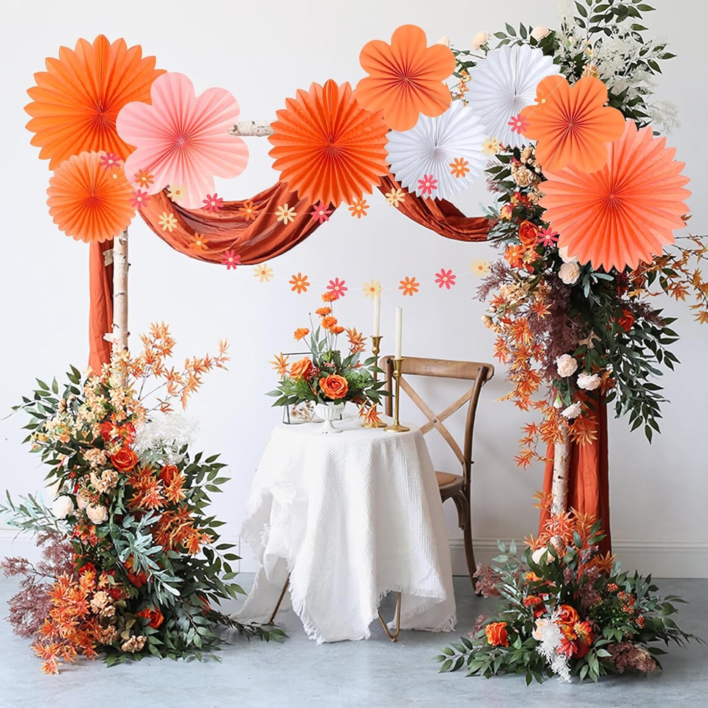 SUNBEAUTY Paper Fans Decorations Pink and Orange Party Decorations Flower Party Decorations Classroom Decoration Paper Floral Backdrop Decor Flower Wall Decor with Daisies,Set of 9