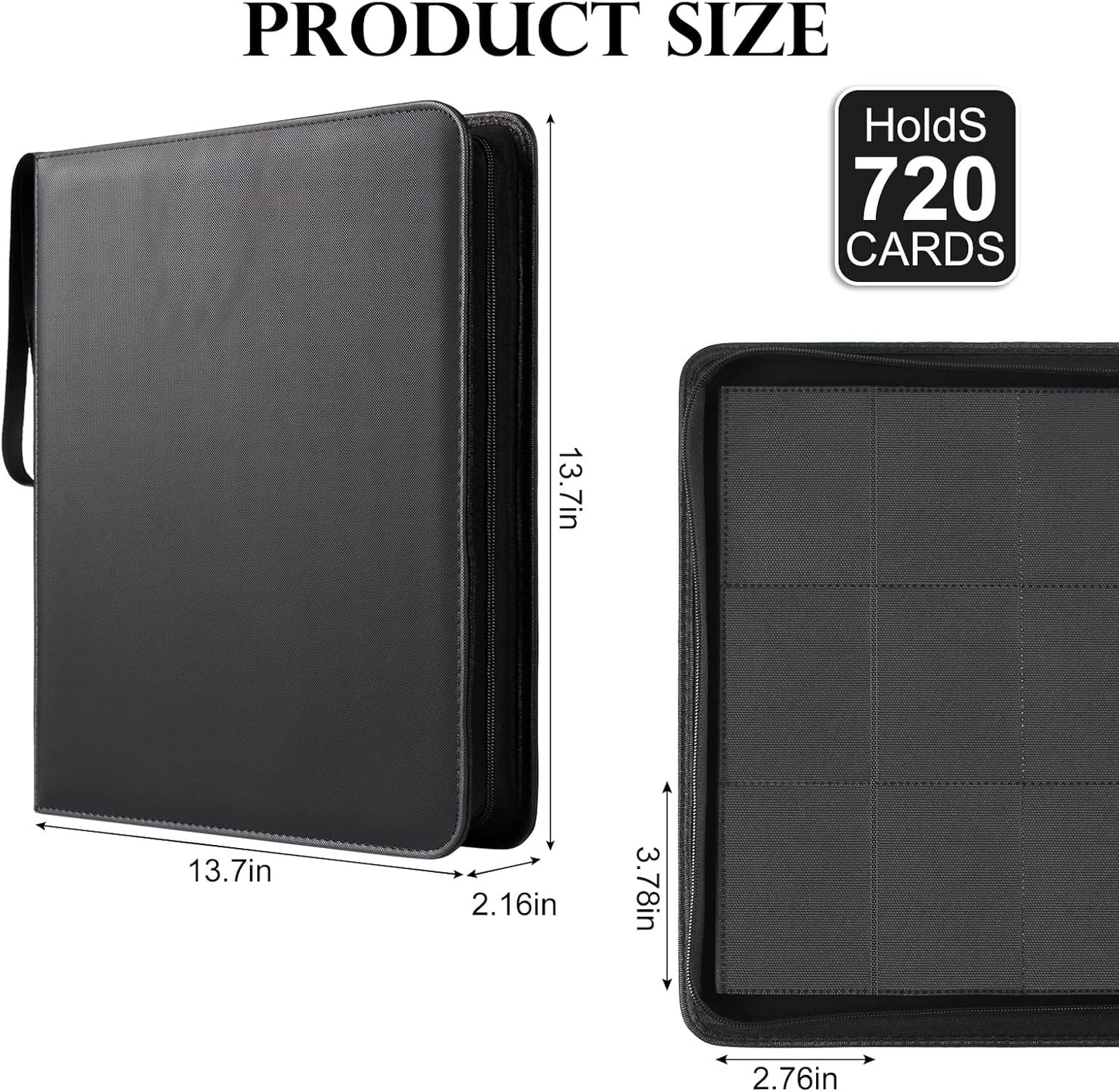 GEAoffice Trading Card Binder 12 Pocket Hold 720 Cards, Premium PU Cover Zipper Collection Binder, Ringless Sturdy Side Loading Card Album Folder for YuGiOh, MTG, TCG, Game & Sports, Non-PVC, Black