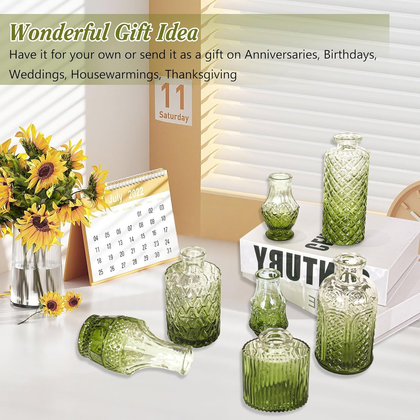 Set of 40 Glass Bud Vases, Small Green Glass Vases in Bulk, Mini Vintage Embossed Flower Vase for Wedding, Centerpieces, Birthday Party, Baby Shower, Home Table Decorations (Green)