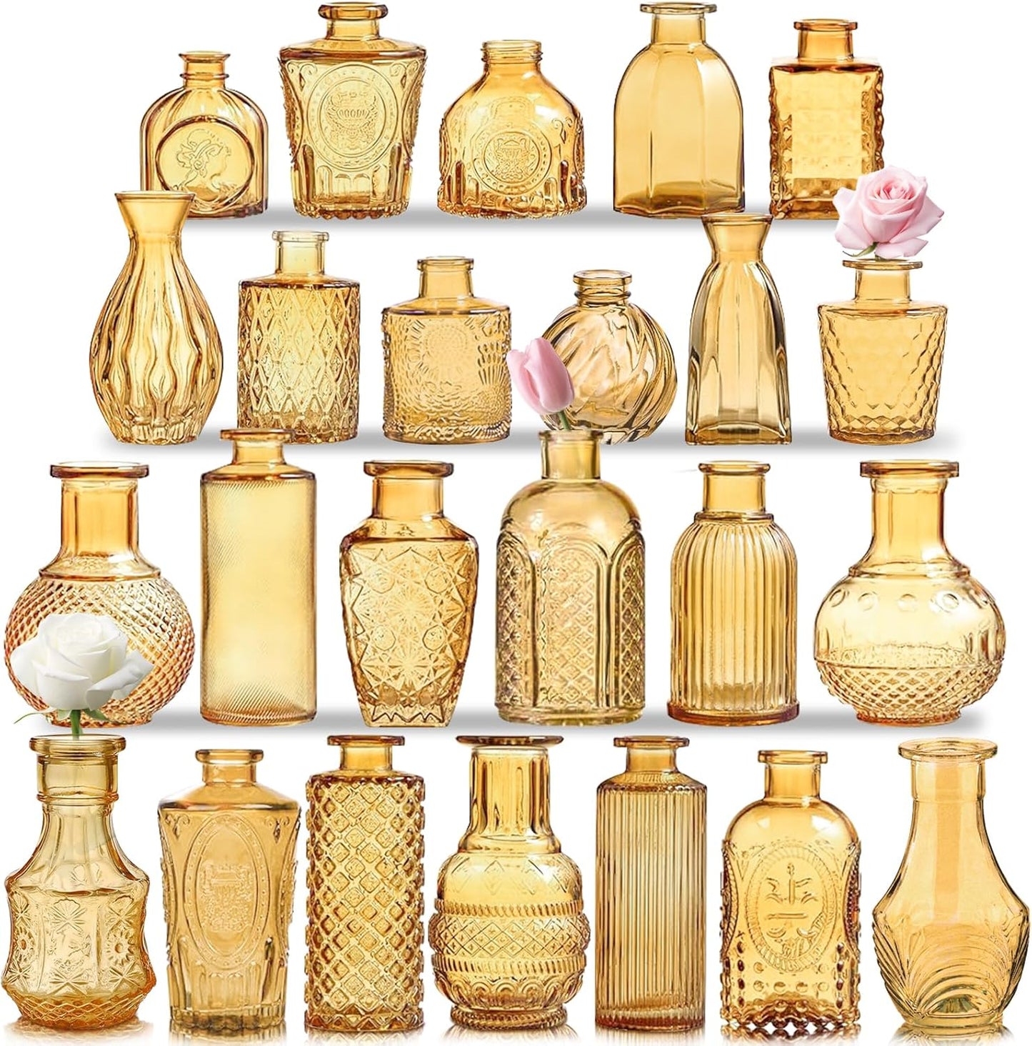 Amber Gold Glass Bud Vases Set of 24, Vintage Small Vases for Flowers, Clear Crystal Mini Style in Bulk, Small Flower Glass for Centerpieces Wedding Decorations Home Party Decor