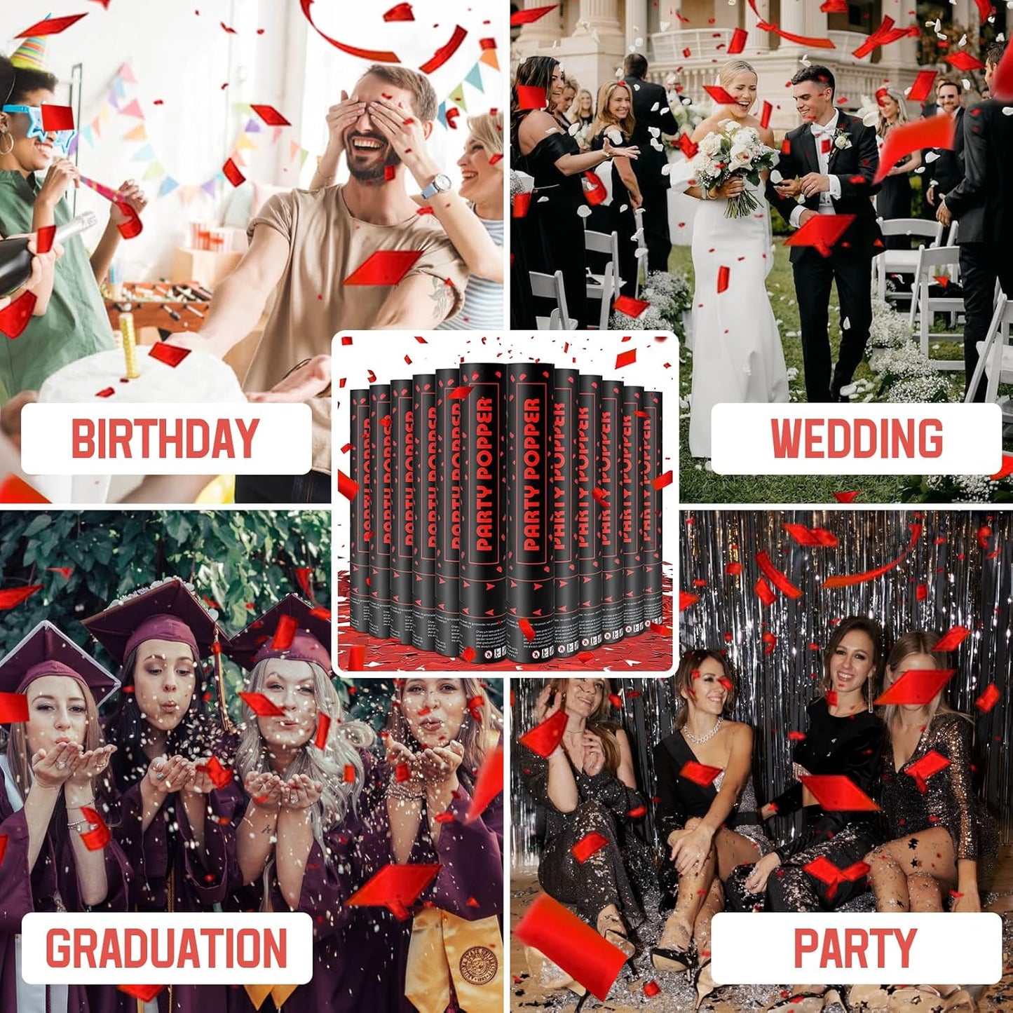 Party Poppers Confetti Cannon 12 Pack Red Poppers 12 Inch Party Shooters Mylar Confetti Red Foil Confetti Cannons Bulk for Wedding Birthday Graduation Baby Gender Reveal Christmas New Year