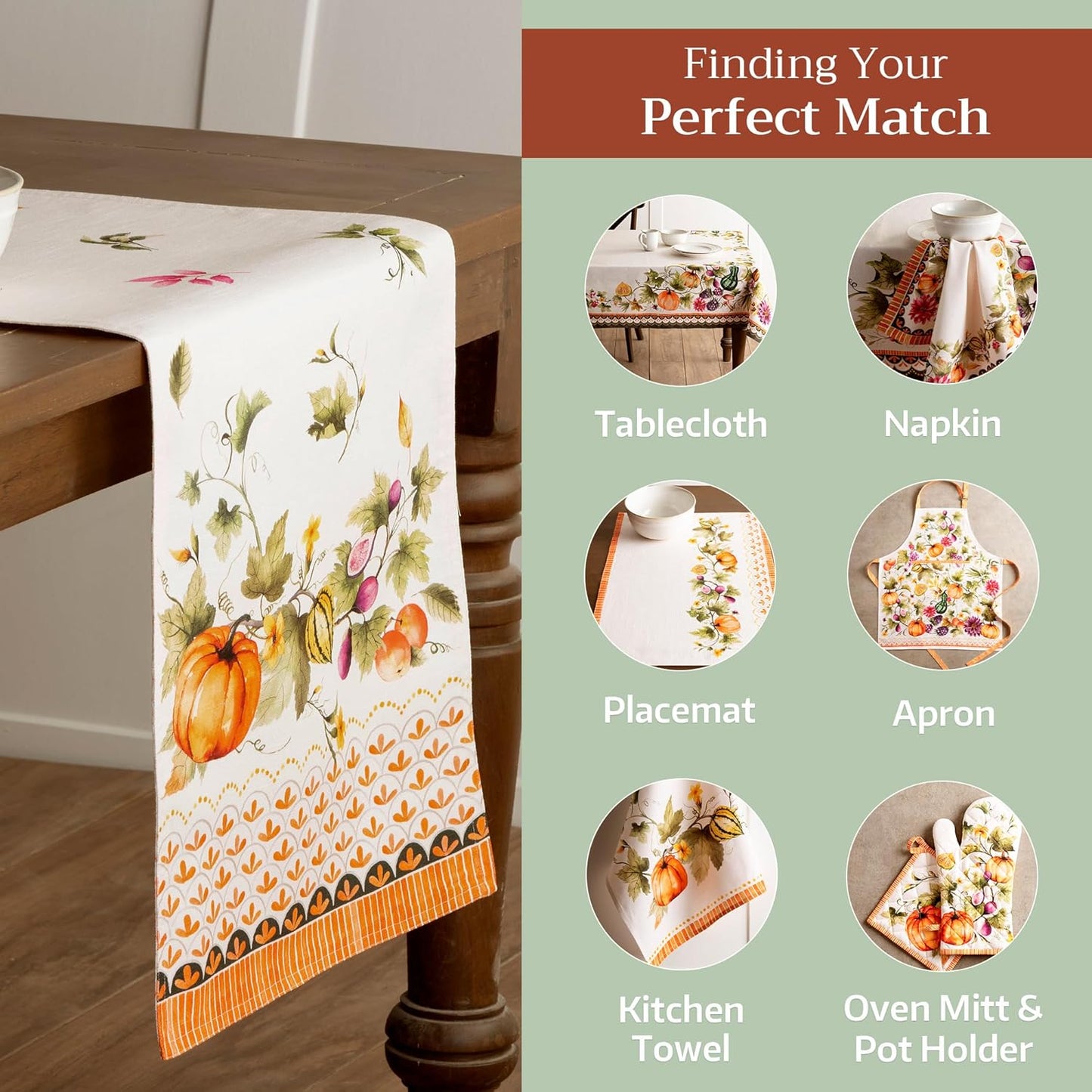 Maison d' Hermine Table Runner 100% Cotton Double Layer Table Runners 72 inches Long for Thanksgiving Christmas Decorations Home Kitchen Dining Wedding (Pumpkin Garden - Cloudy Cream, 14.5" x 72")