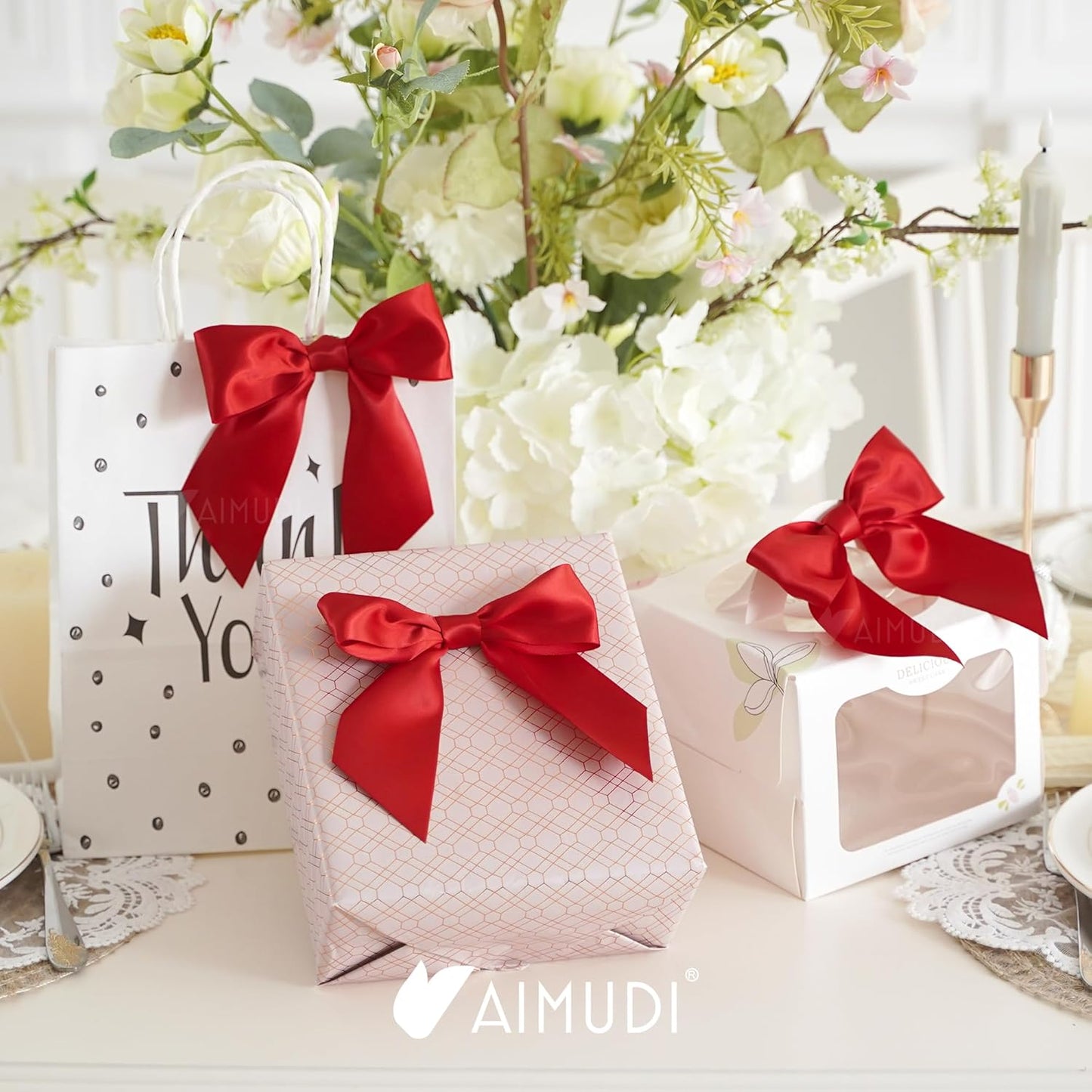 AIMUDI Red Satin Bows 5.5" Bows for Gift Wrapping, Invitations, Baskets, Wreaths, Crafts, Wedding, Birthday Party, Mother's Day Decorations, 24 PCs
