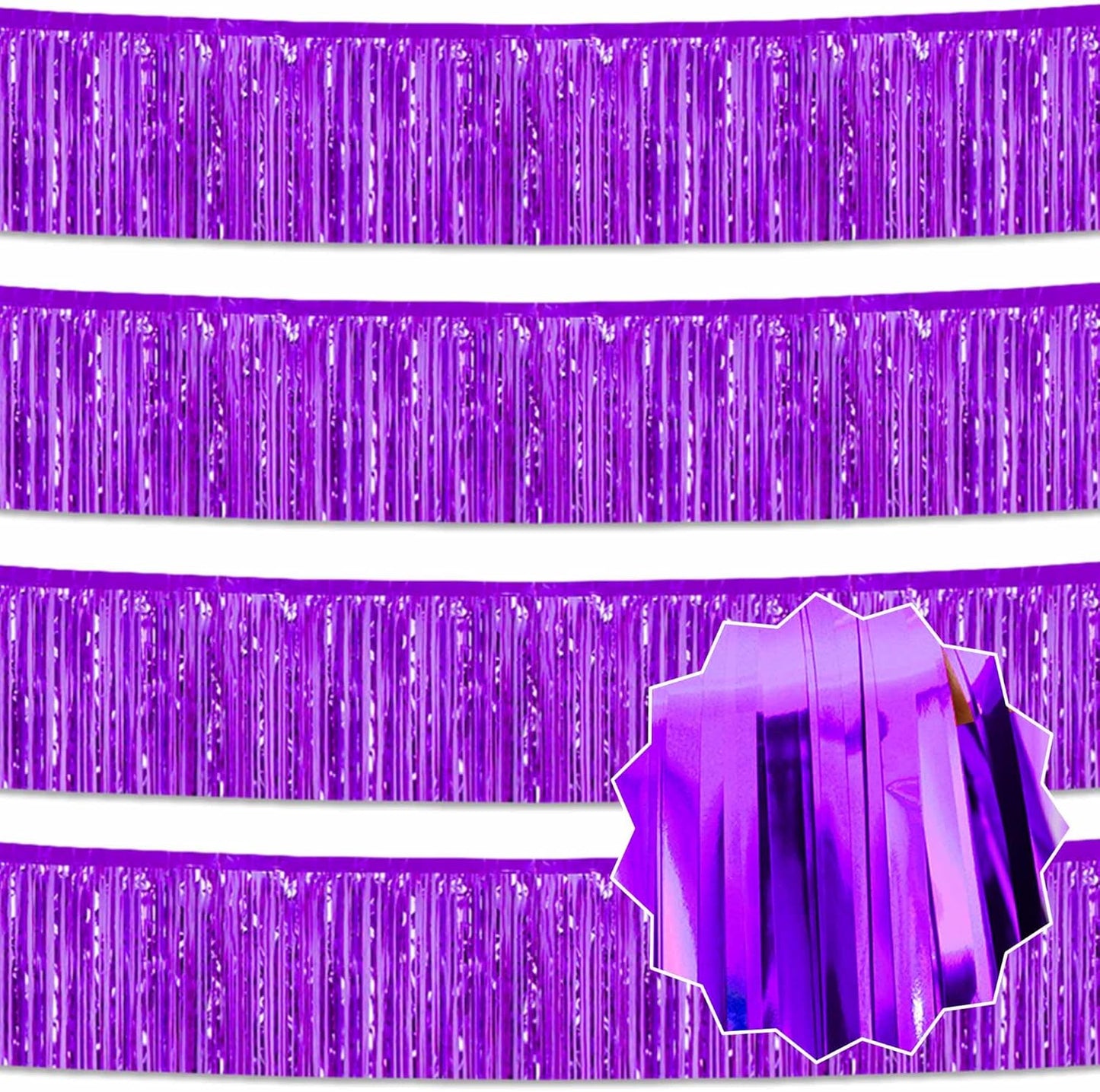 4 Pack 10 Ft Purple Foil Fringe Garland Metallic Streamers Tinsel Banner Wall Hanging Garland Backdrop for Parade Floats, Halloween, Christmas, Thanksgiving, New Year Party Decorations