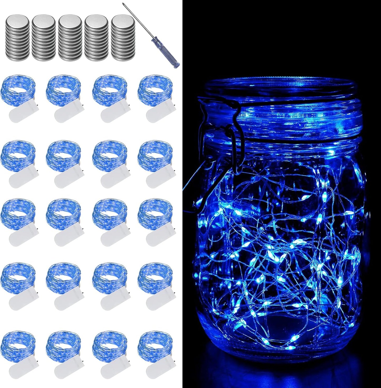LAMPHOME 20 Pack Fairy Lights Battery Operated - 7ft 20 LED Lights Copper Wire Mini String Light Firefly Light for Mason Jars DIY Crafts Christmas Wedding Party Centerpiece Table Decor,Blue