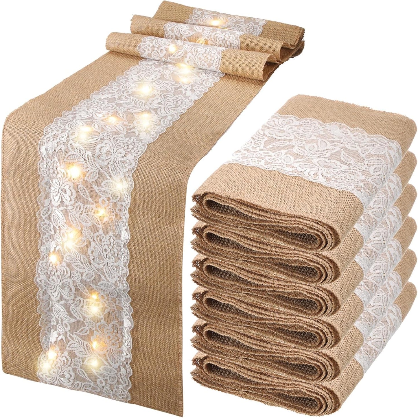 Xinnun 6 Pack Burlap Table Runner with LED String Lights, Modern Rustic Lace Natural Vintage Boho Jute Wedding Table Decor for Farmhouse Thanksgiving Christmas(Modern Neutral,12x70 Inches)