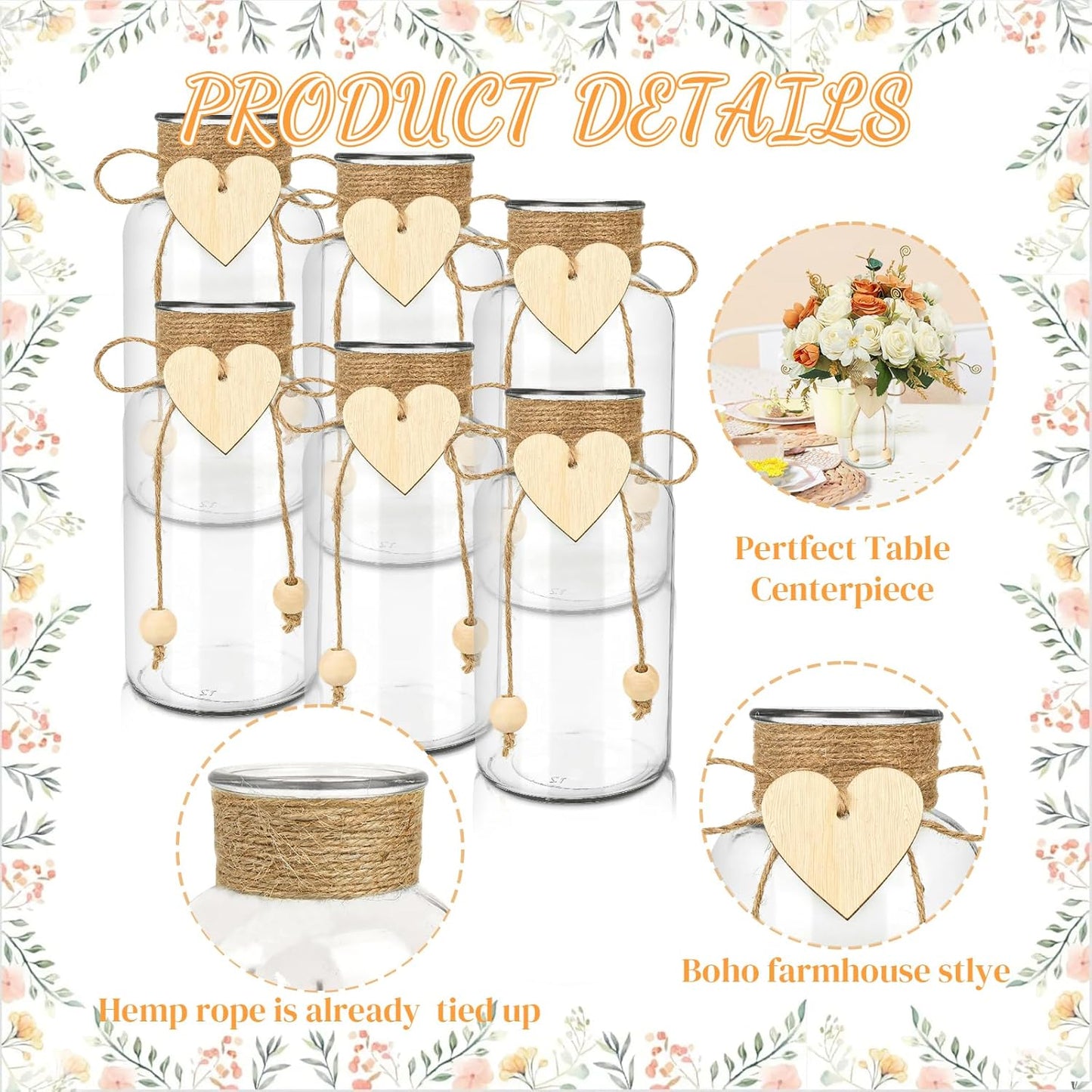 Vintage Glass Vases for Flowers, Set of 6 Mason Jar Vase Table Centerpieces for Farmhouse Room Decor, Wedding, Bridal Shower Bud Vase Set (Medium)