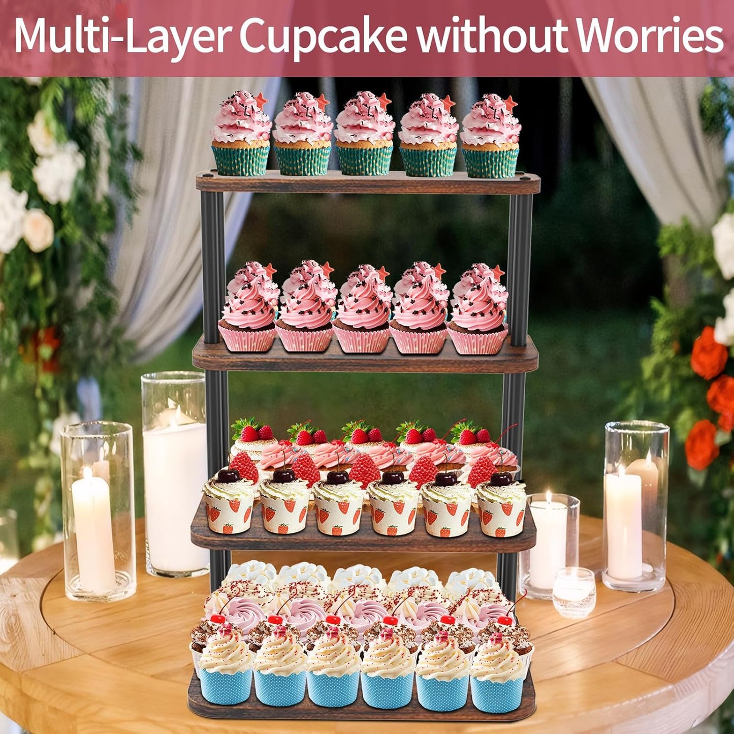 Cupcake Stand, 4 Tier Cupcake Stand for 50 Cupcakes, Wood Cake Stand, Rustic Dessert Table Display Set Tiered Tray Stand, Serving Tray Cake Stands for Party Wedding Birthday