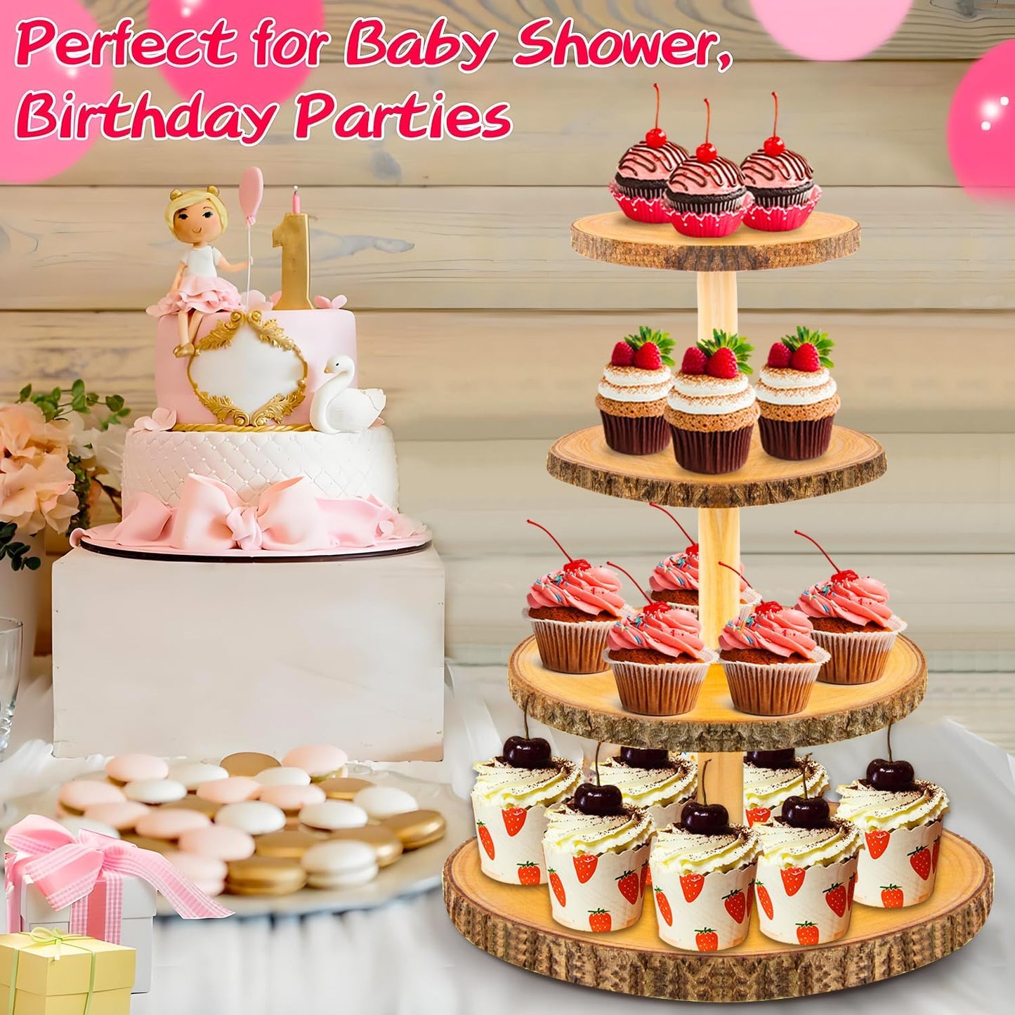 Cupcake Stand Wood Dessert Stands 4 Tier Wooden Cupcake Stand - Large Capacity, Bark-Covered, Varnished, Multi-Functional for Weddings, Baby Showers, and Parties.