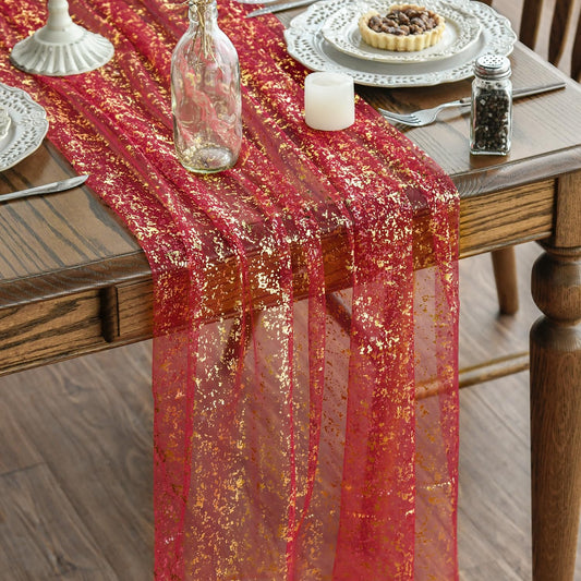 Artoid Mode Red Gold Gauze Table Runner 120 Inch 10FT, Glitter Metallic Foil Sheer Dining Wedding Anniversary Holiday Table Decor for Home Party