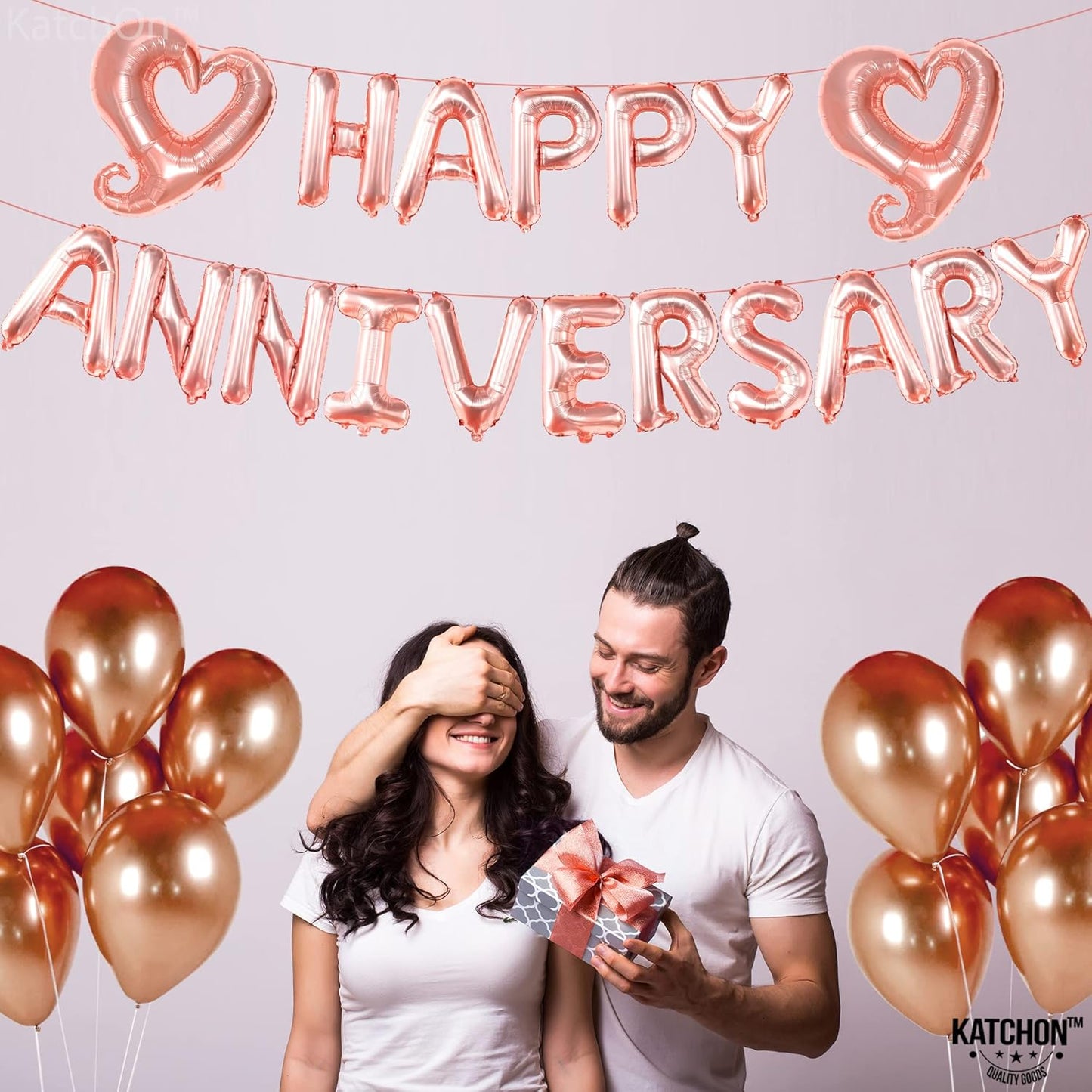 KatchOn Rose Gold Anniversary Balloons - 18 inch Letters, Hook Heart | Rose Gold Anniversary Banner & Backdrop