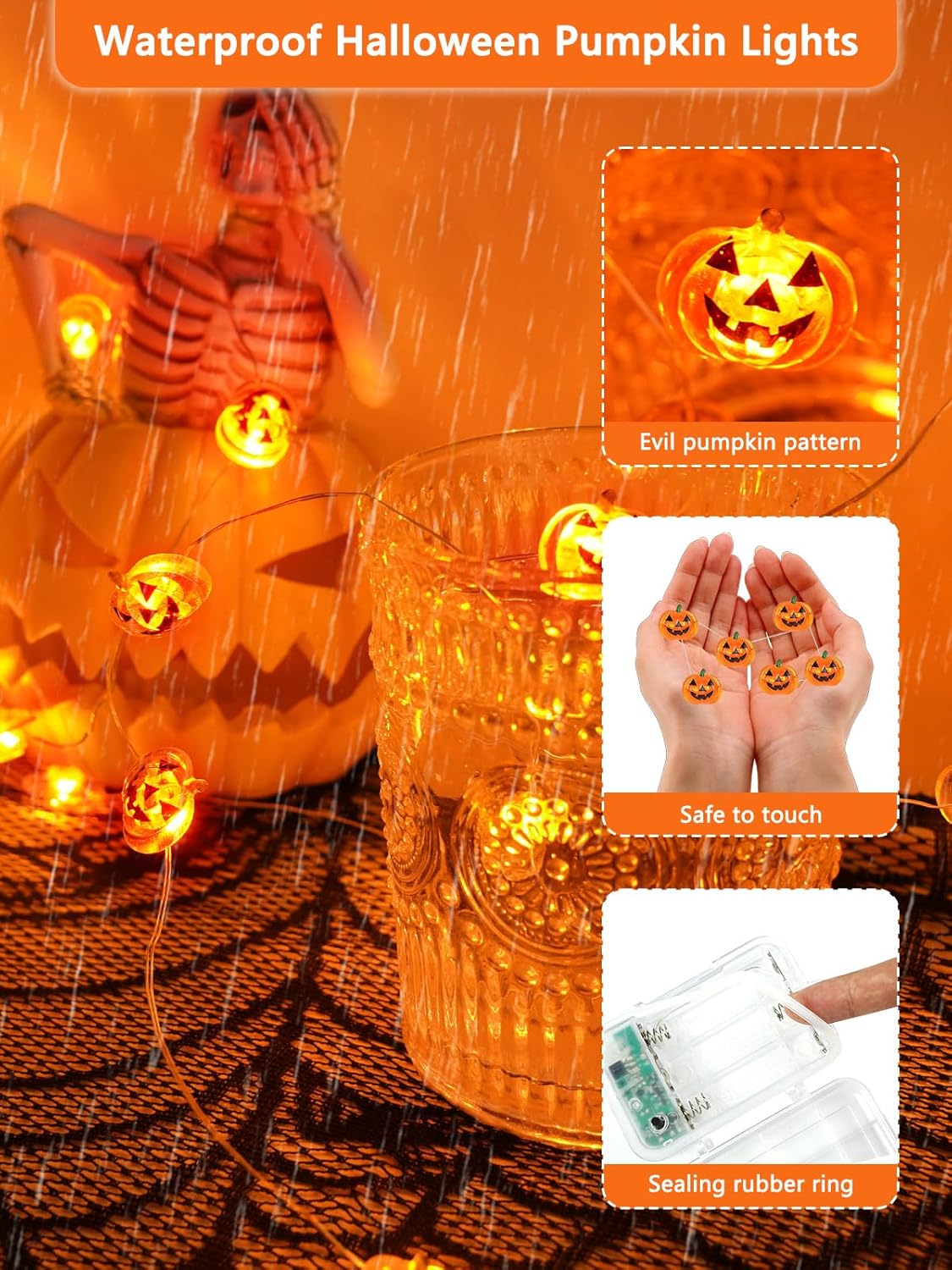 Halloween Fairy Lights Battery Operated 15Ft 40LED Orange Pumpkin String Lights 8 Modes with Remote, Warerproof Twinkle Lights with Timer for Indoor and Outdoor Halloween Decorations for Party Holiday