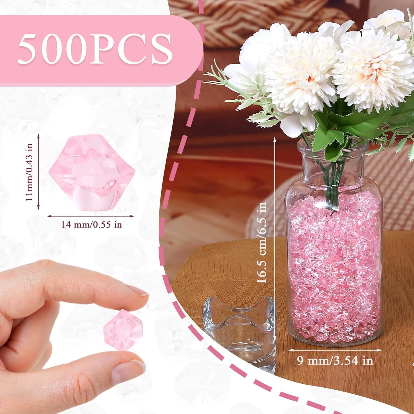 LAIDANLA 500PCS Pink Acrylic Gems Fake Ice Cubes Pink Vase Fillers Plastic Diamonds Fake Crushed Rocks for Centerpiece DIY Party Table Scatter Prop Wedding Decoration Accessories